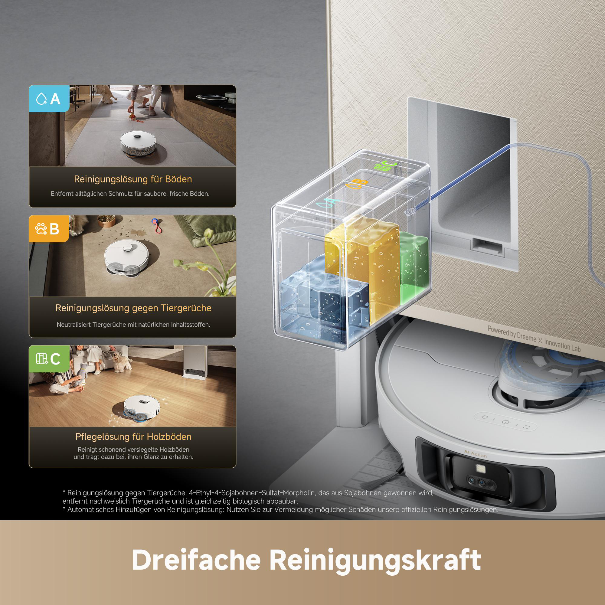 Reinigungsroboter mit drei verschiedenen Reinigungsmitteln für Böden, Gerüche und Holz.