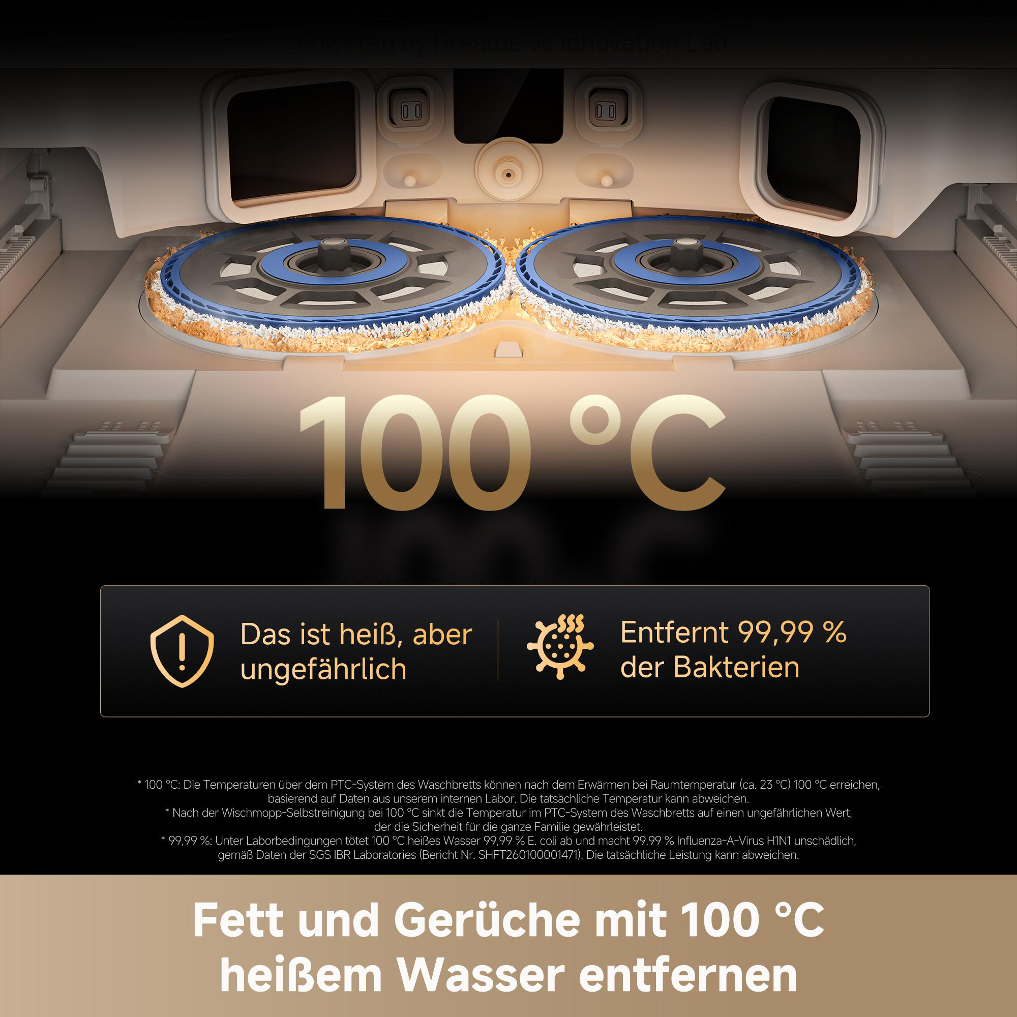 Zwei rotierende Bürsten mit 100°C heißem Wasser, entfernt Fett und Bakterien.