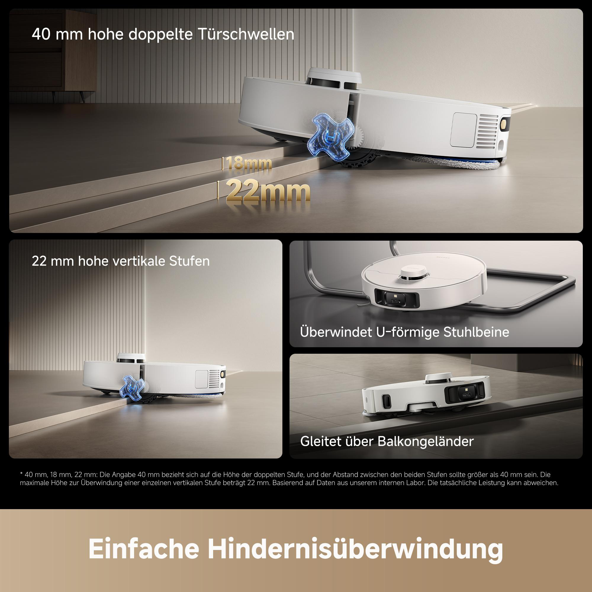 Ein weißer Saugroboter überwindet Hindernisse wie Türschwellen und Stufen.