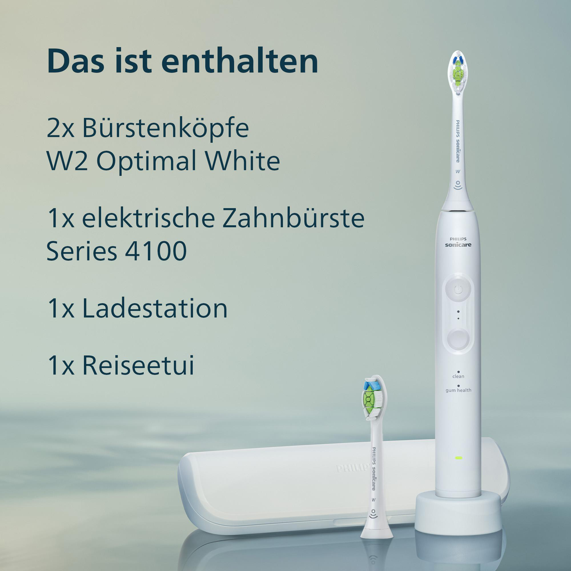 Elektrische Zahnbürste, zwei Aufsteckbürsten, Ladestation und Reiseetui.