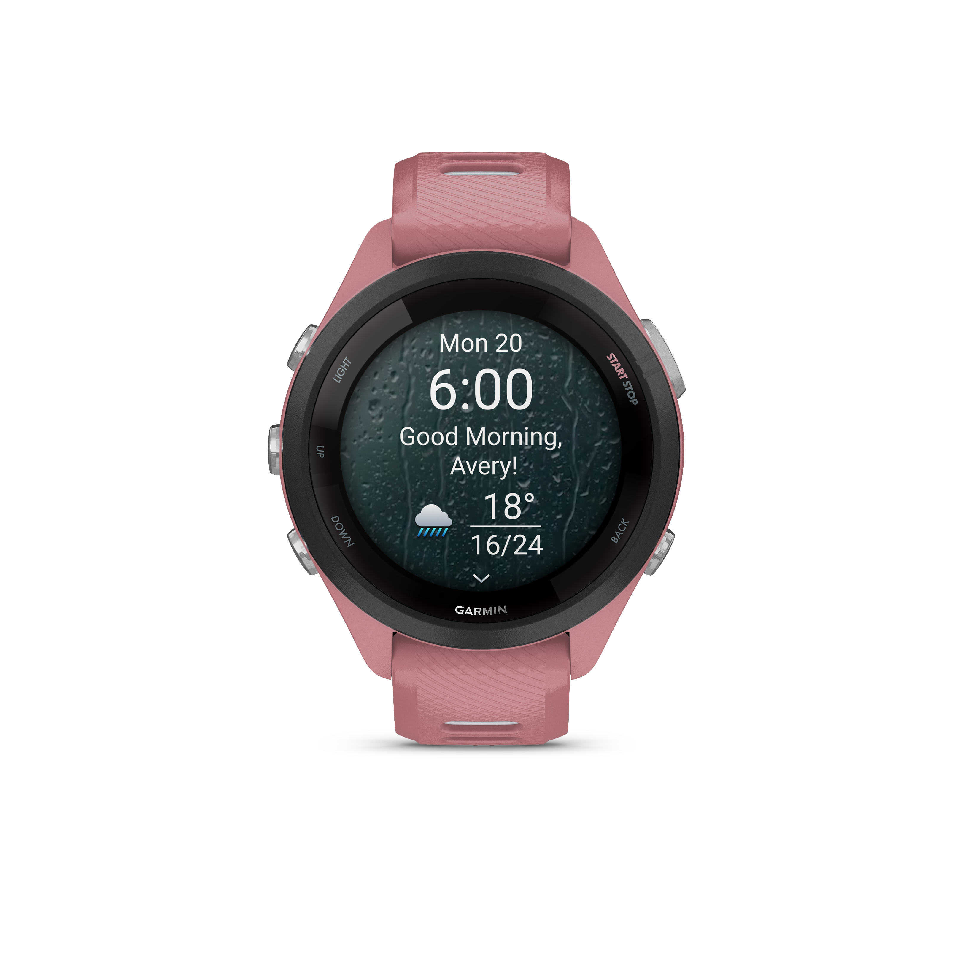 Eine rosafarbene Garmin-Smartwatch zeigt 6:00 Uhr, Regen und 18°C an.