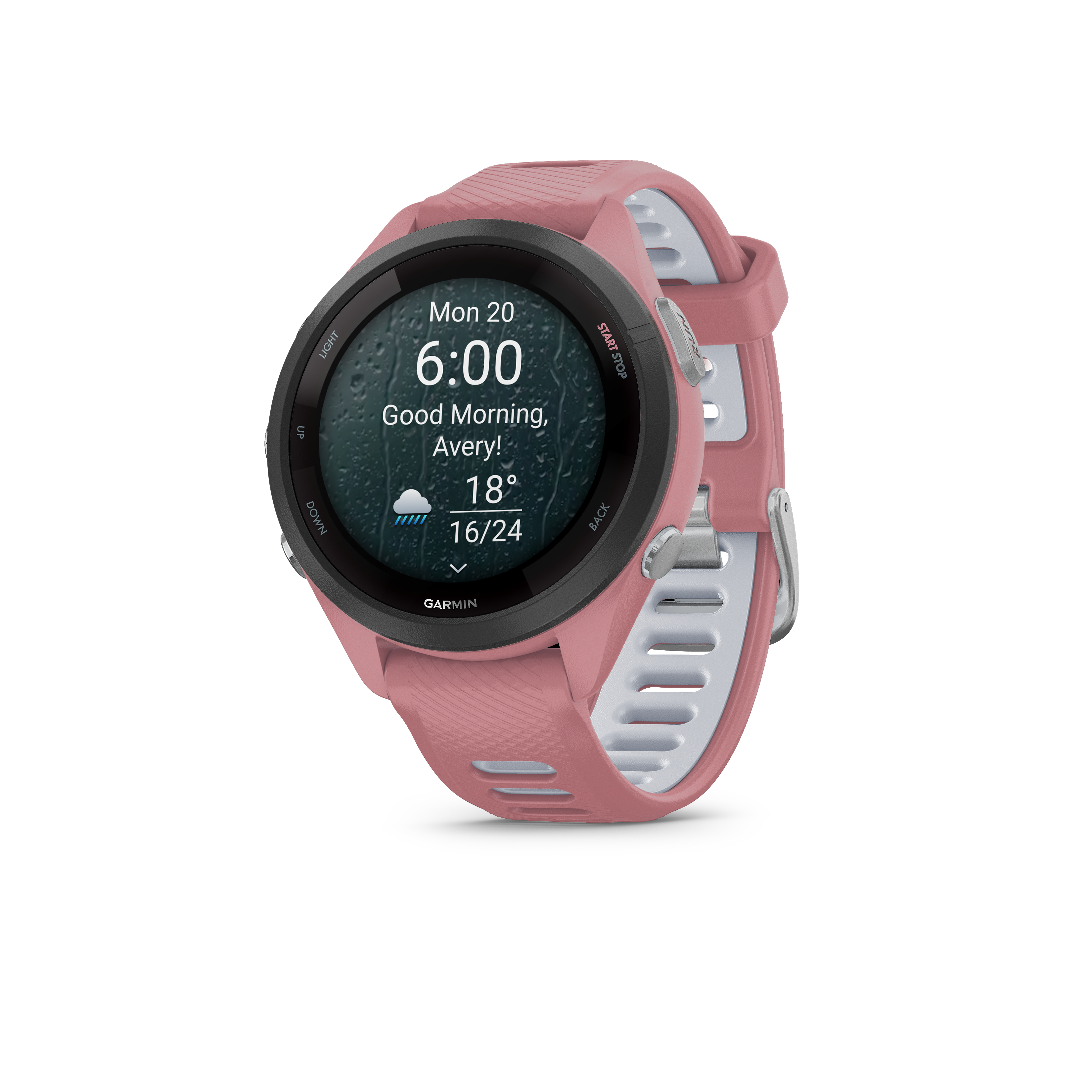Eine rosafarbene Smartwatch mit einem dunklen Zifferblatt, das Regen anzeigt.