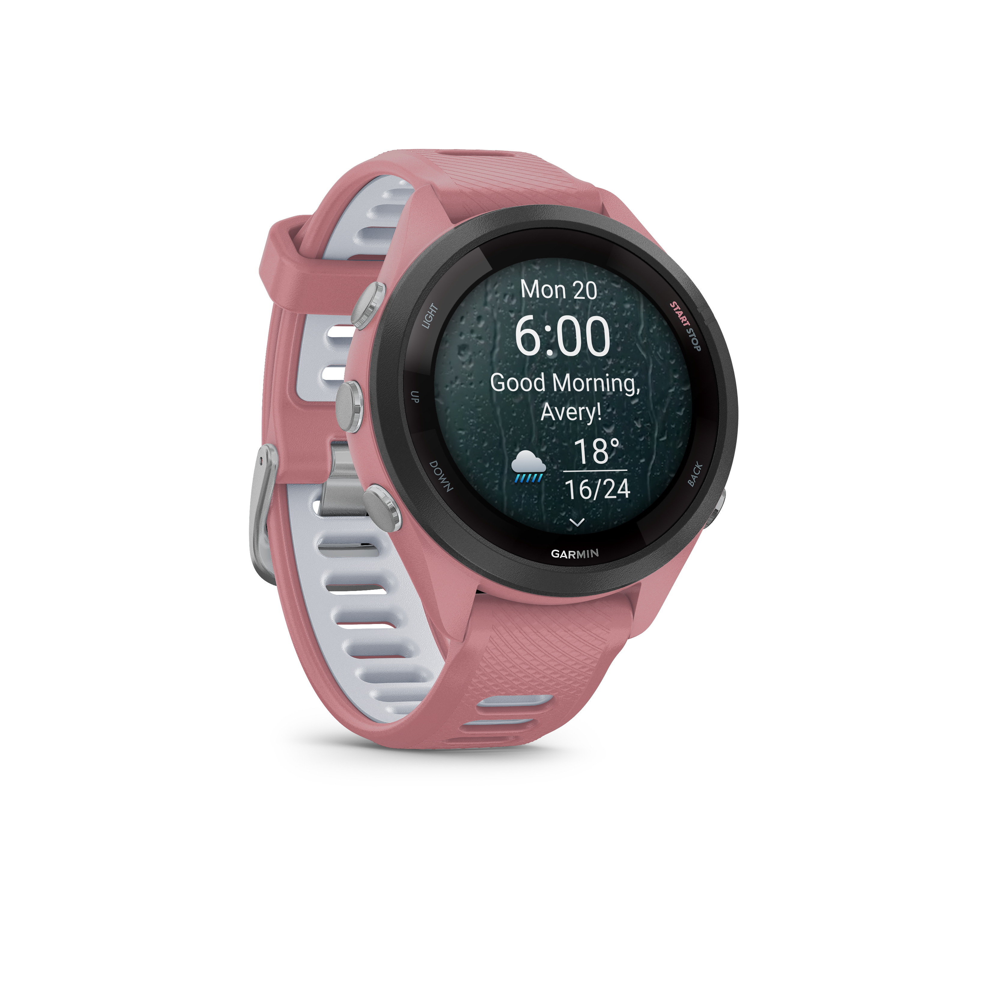 Eine rosafarbene Garmin-Smartwatch mit einem Regenmotiv auf dem Display.