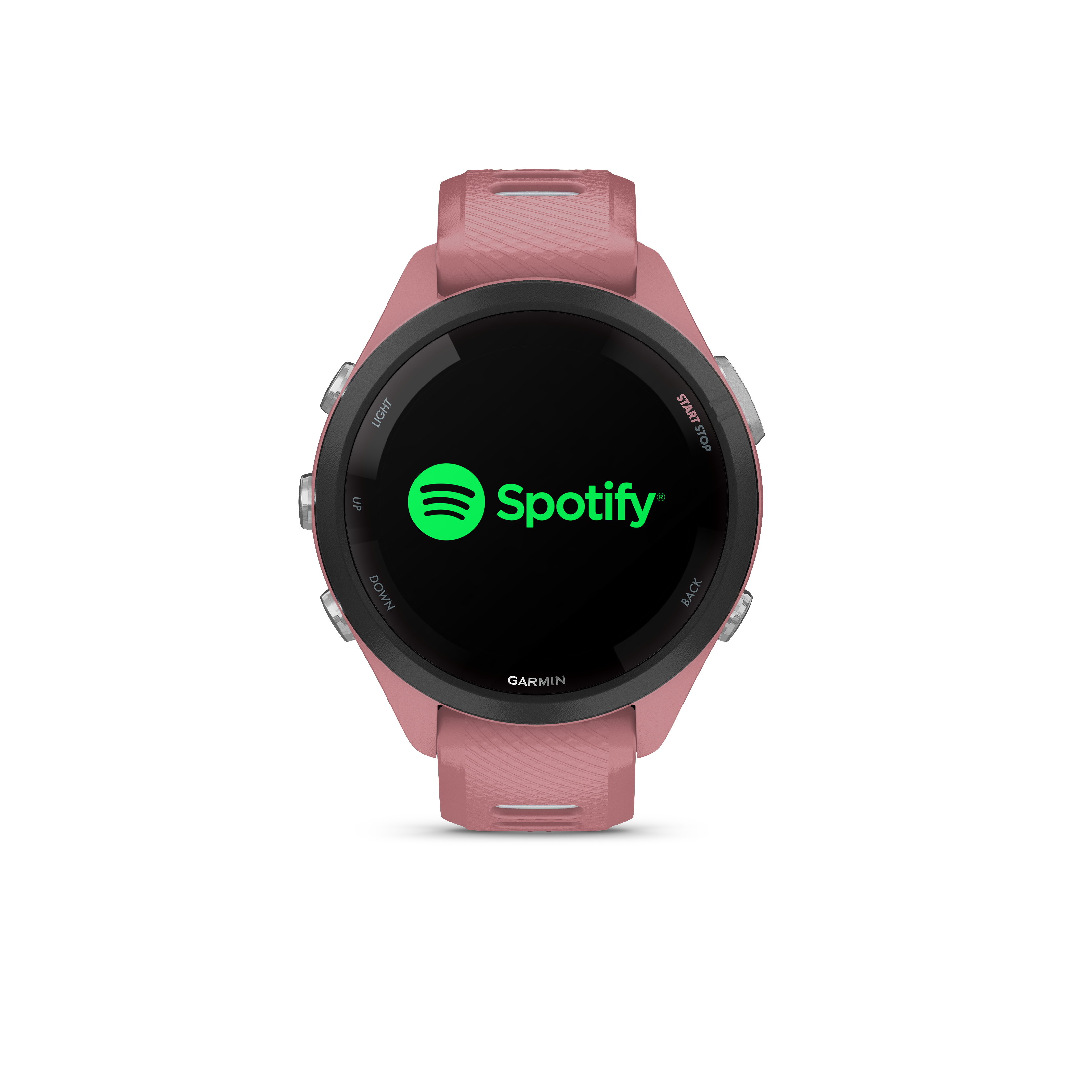 Eine rosafarbene Smartwatch mit dem Spotify-Logo auf dem Display.