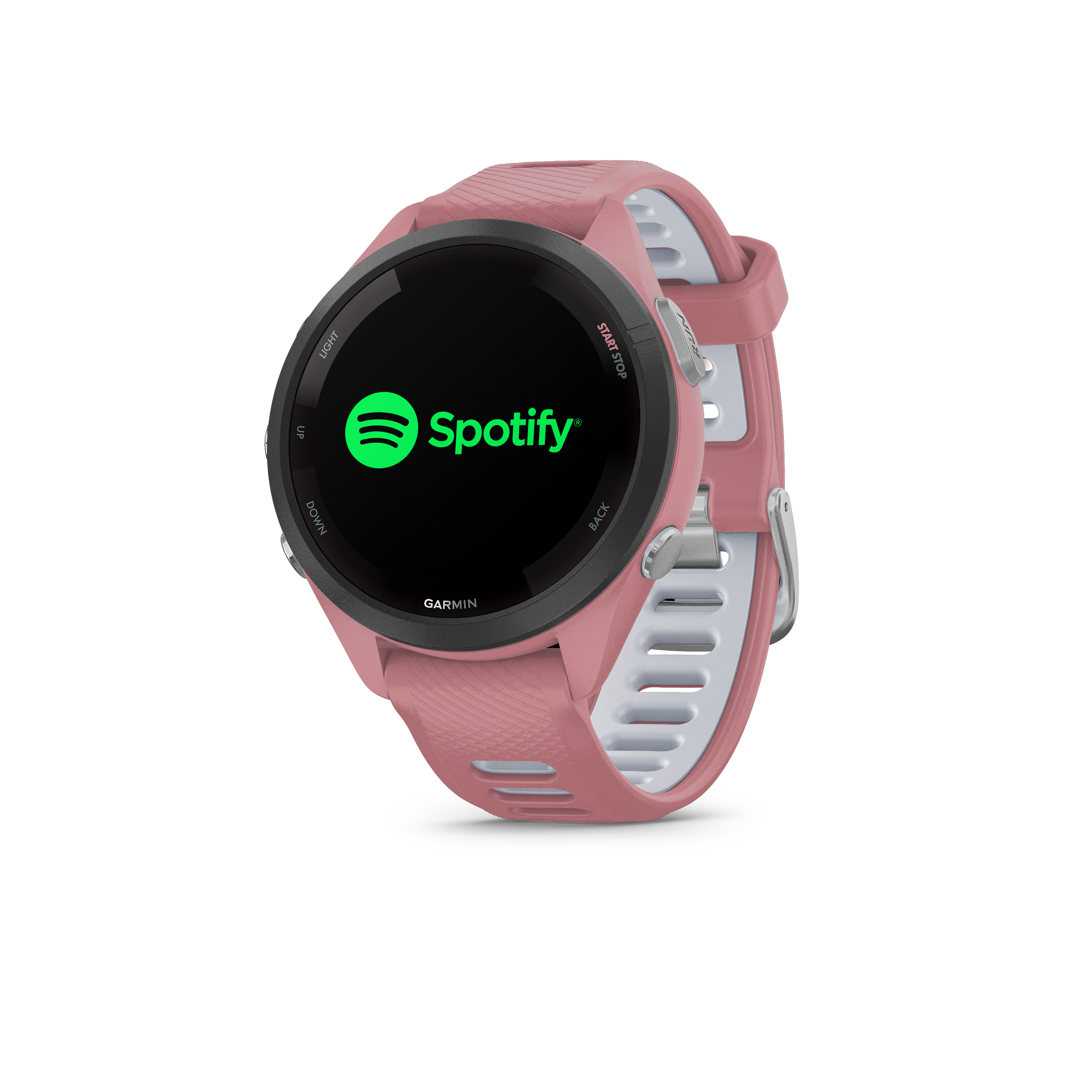 Eine rosafarbene Garmin Smartwatch mit Spotify-Logo auf dem Bildschirm.
