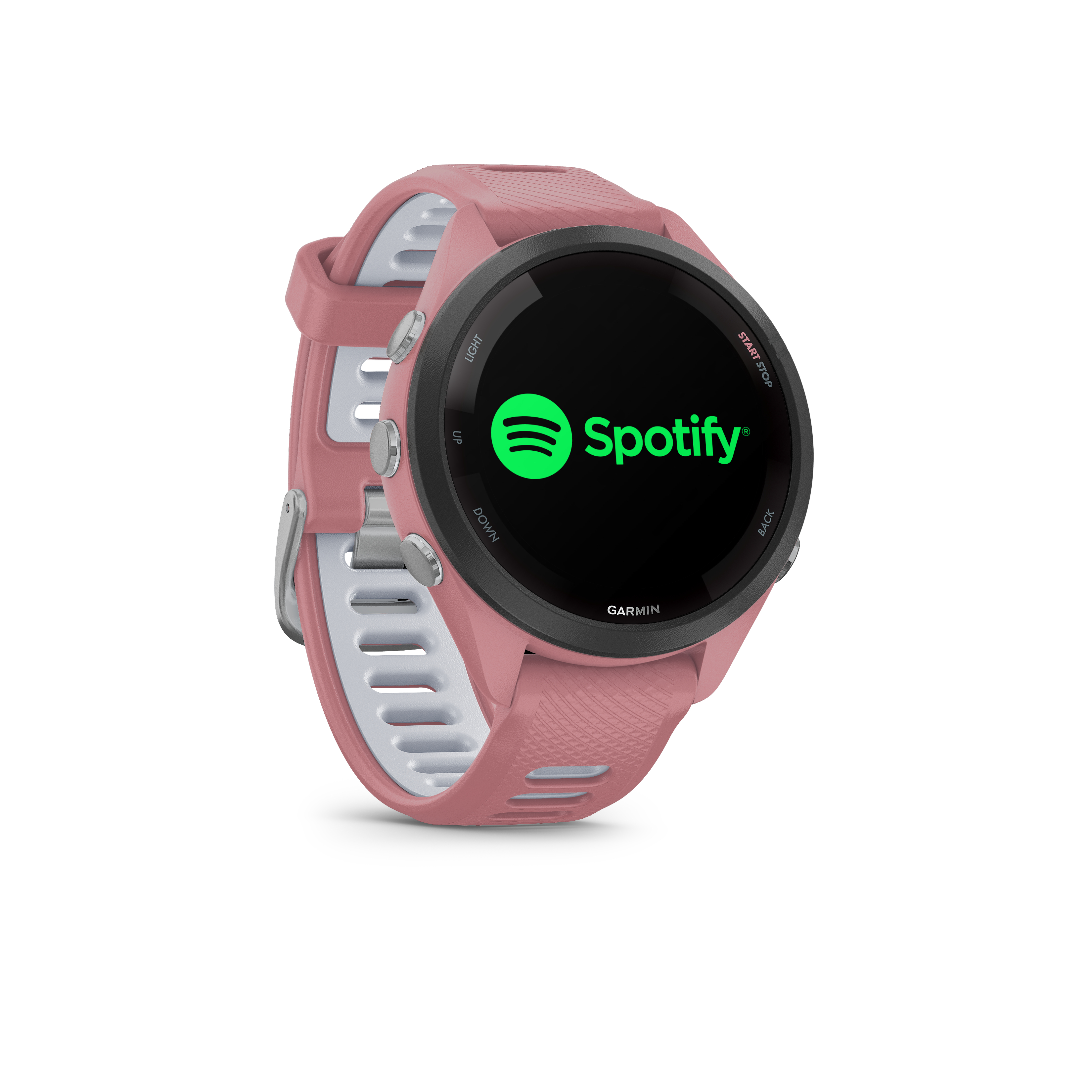 Eine rosafarbene Garmin-Smartwatch mit dem Spotify-Logo auf dem Bildschirm.