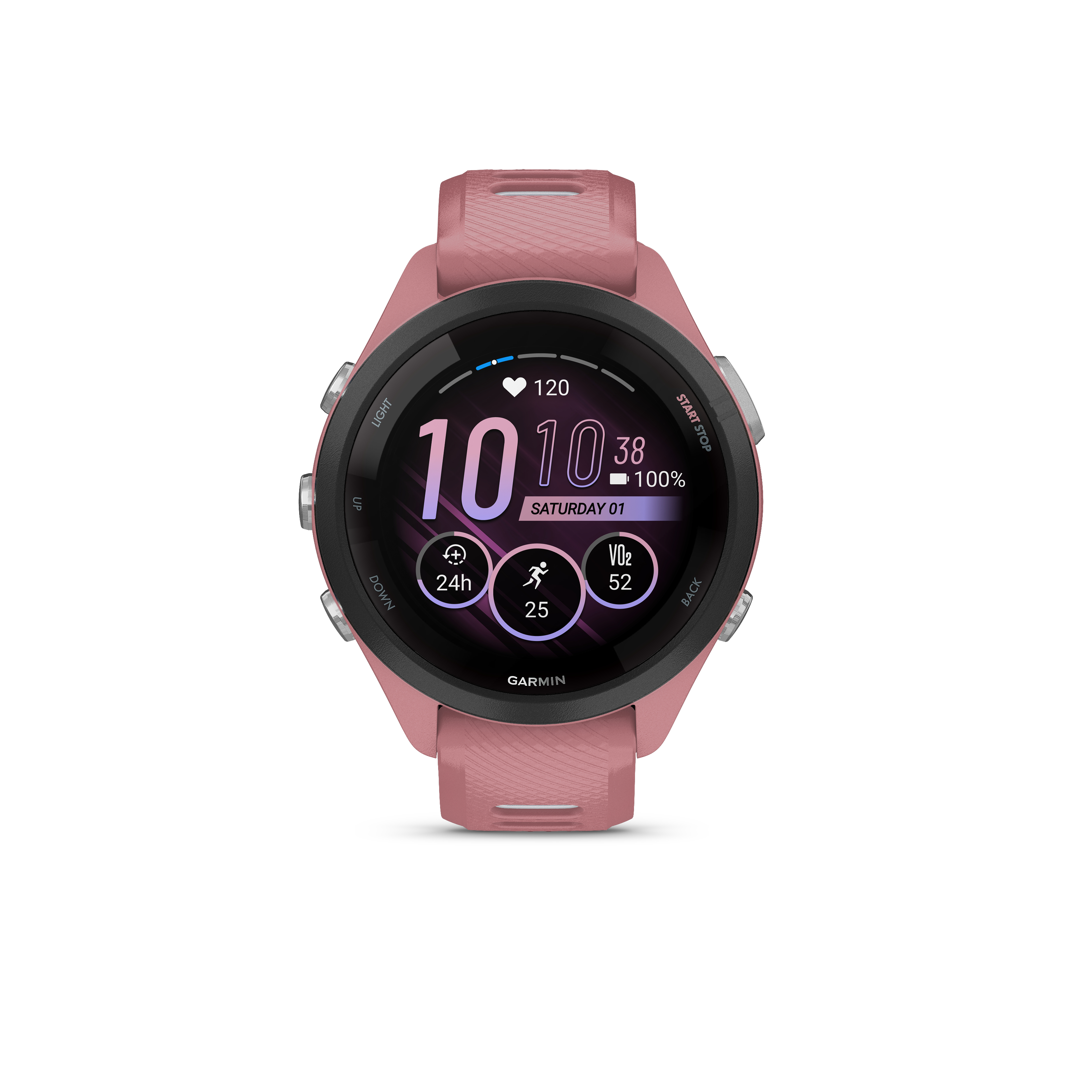 Eine rosafarbene Garmin-Smartwatch mit digitaler Anzeige von Zeit und Herzfrequenz.