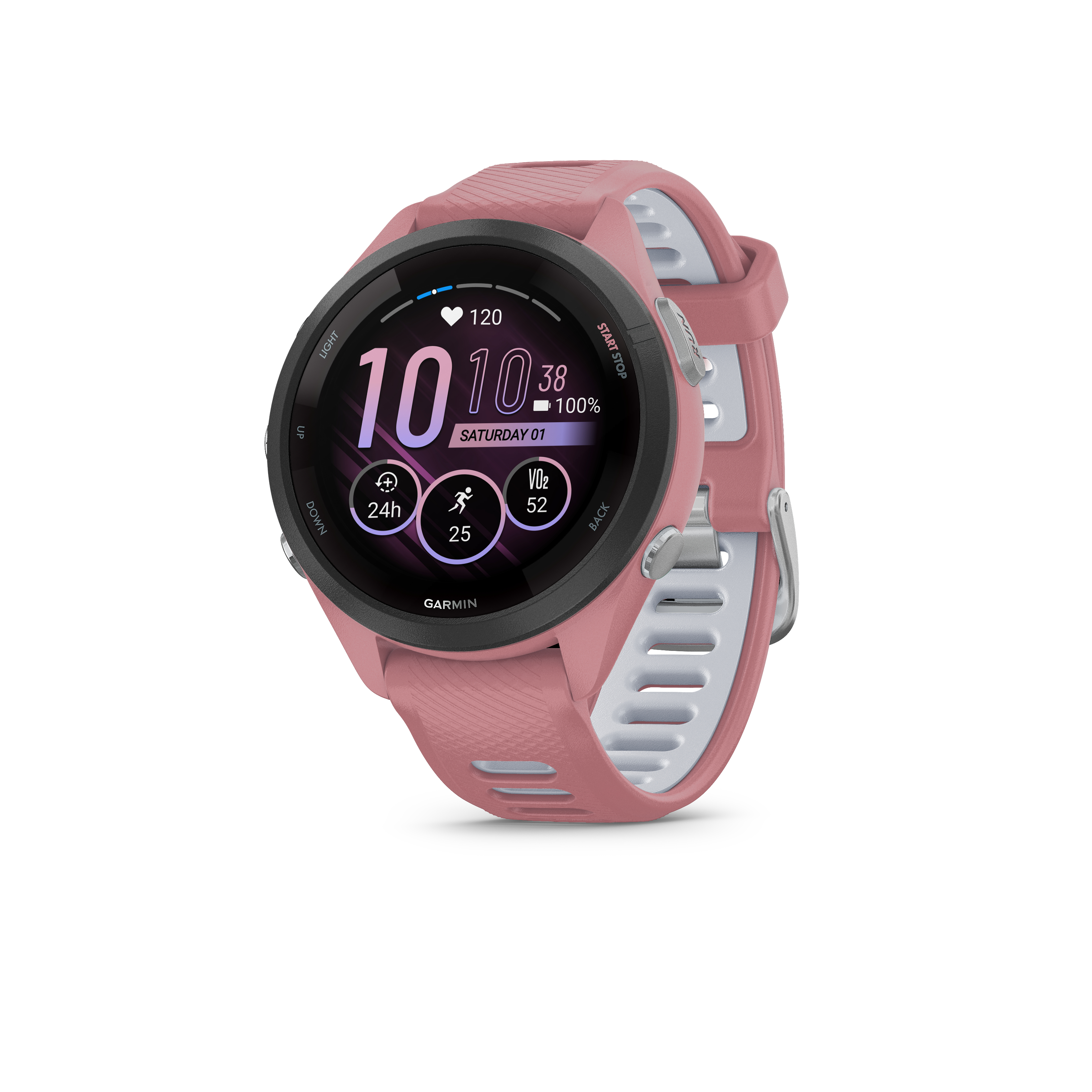 Eine rosafarbene Garmin Smartwatch mit silbernen Akzenten und einem digitalen Display.