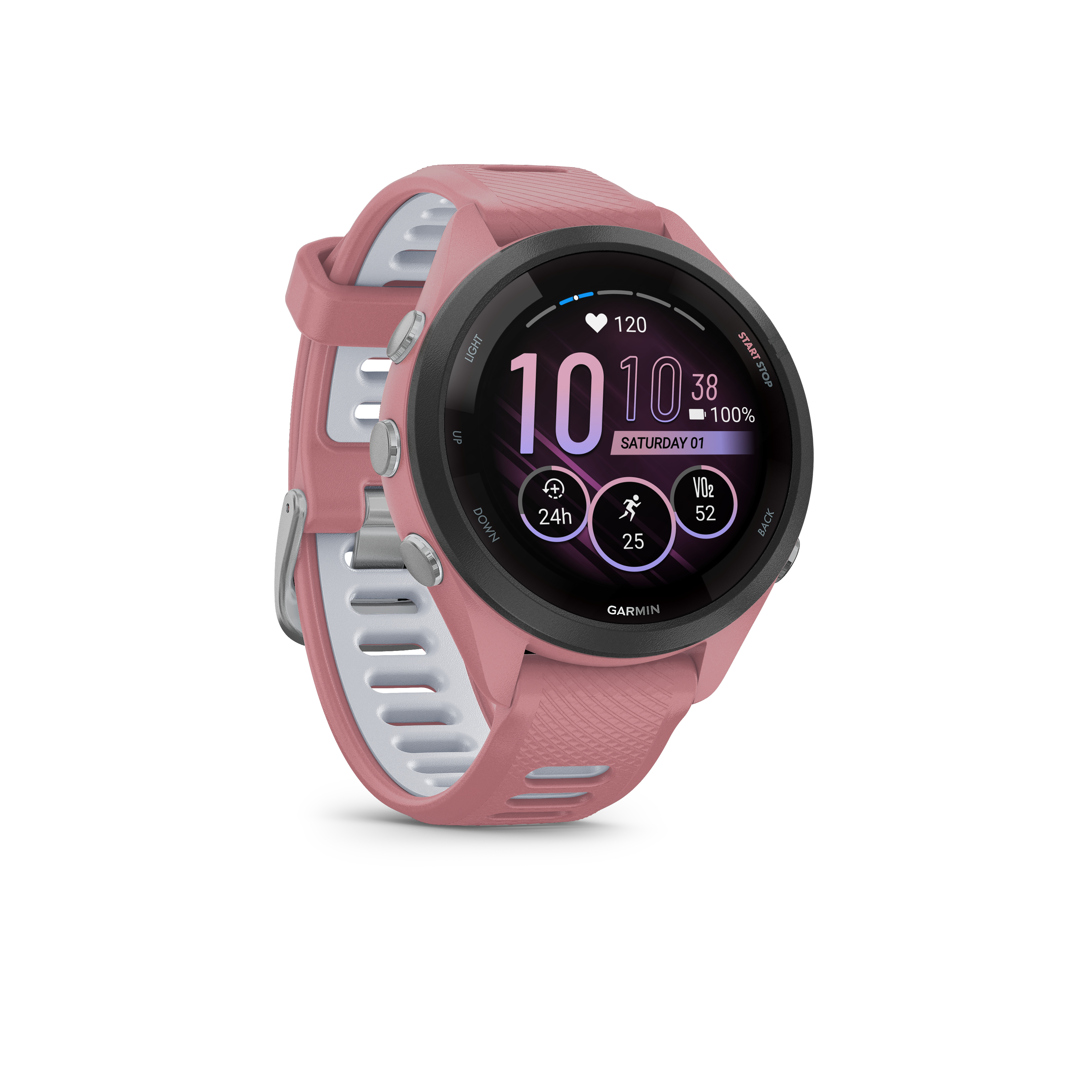 Eine rosafarbene Garmin Smartwatch mit schwarzem Rand und weißem Armband.