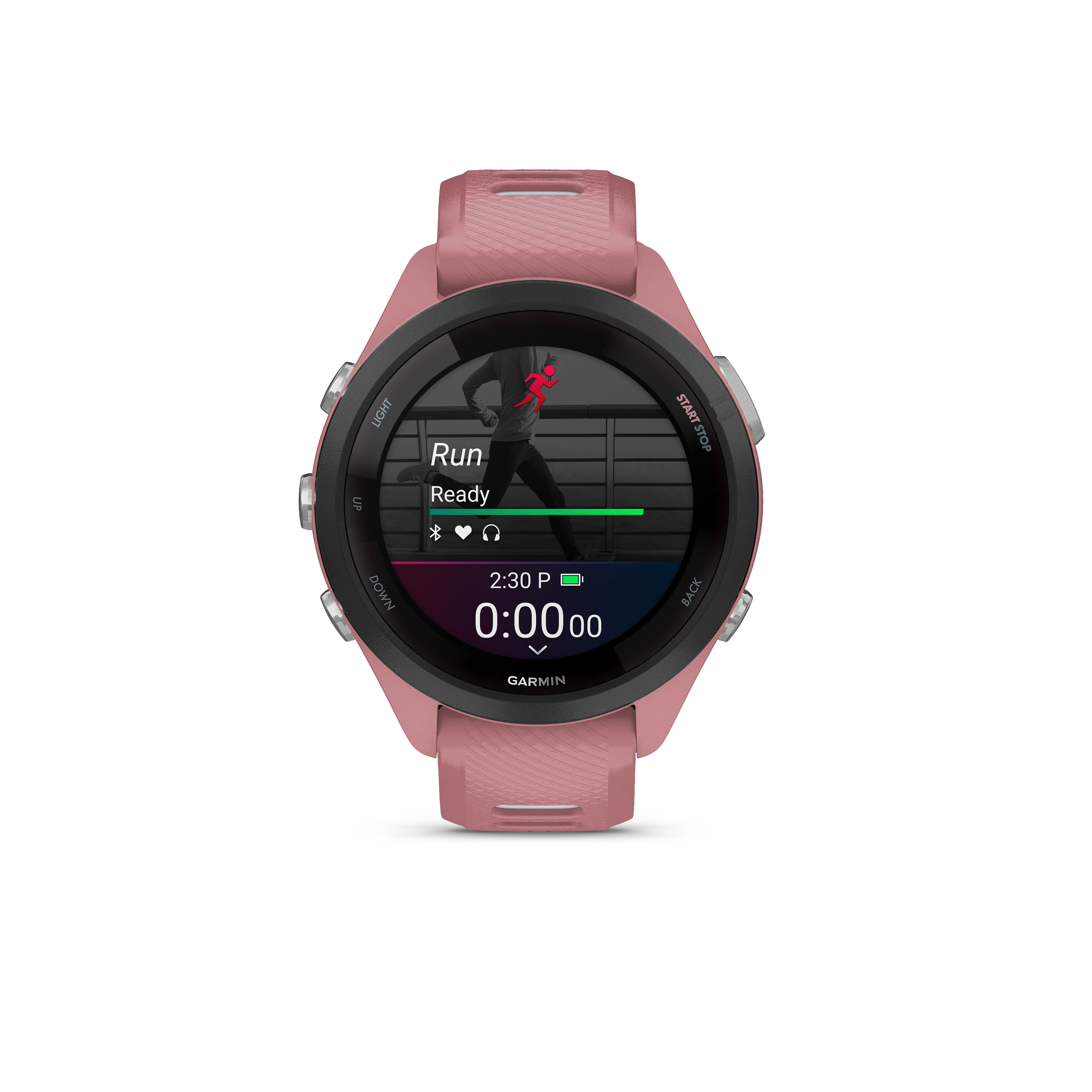 Eine rosafarbene Garmin-Smartwatch zeigt 