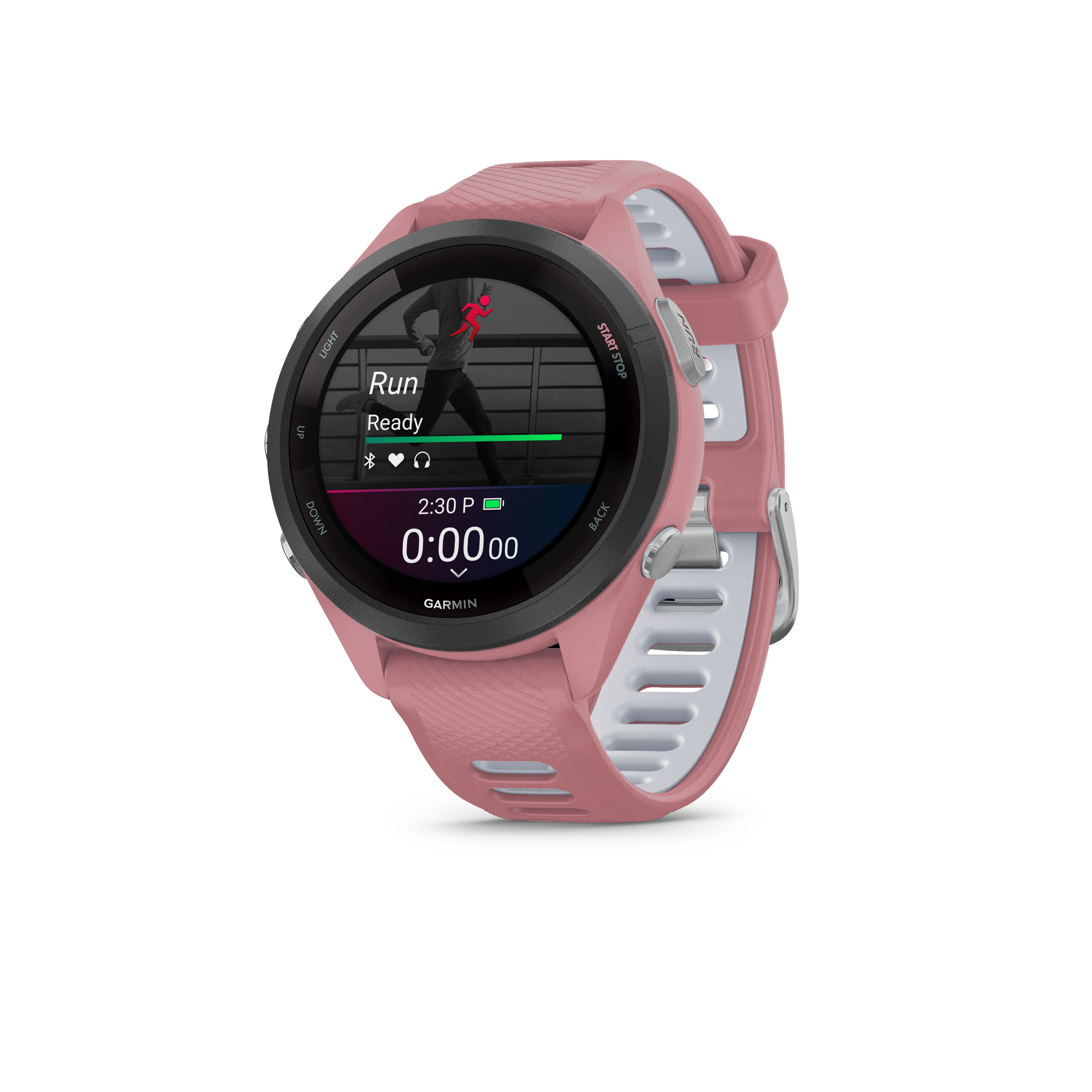 Eine rosafarbene Garmin-Smartwatch mit laufendem Mann auf dem Display.