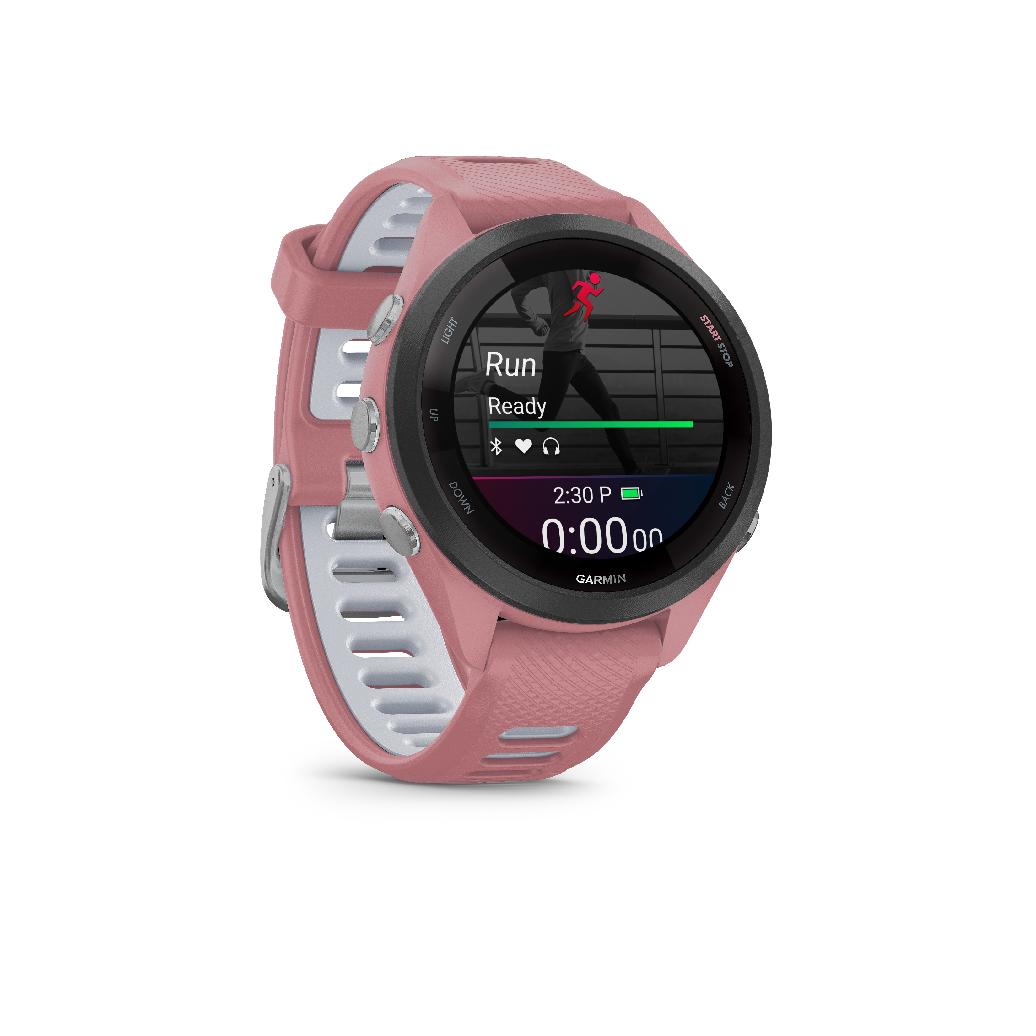 Eine rosafarbene Smartwatch mit einem Läufer-Symbol und Timer auf dem Display.