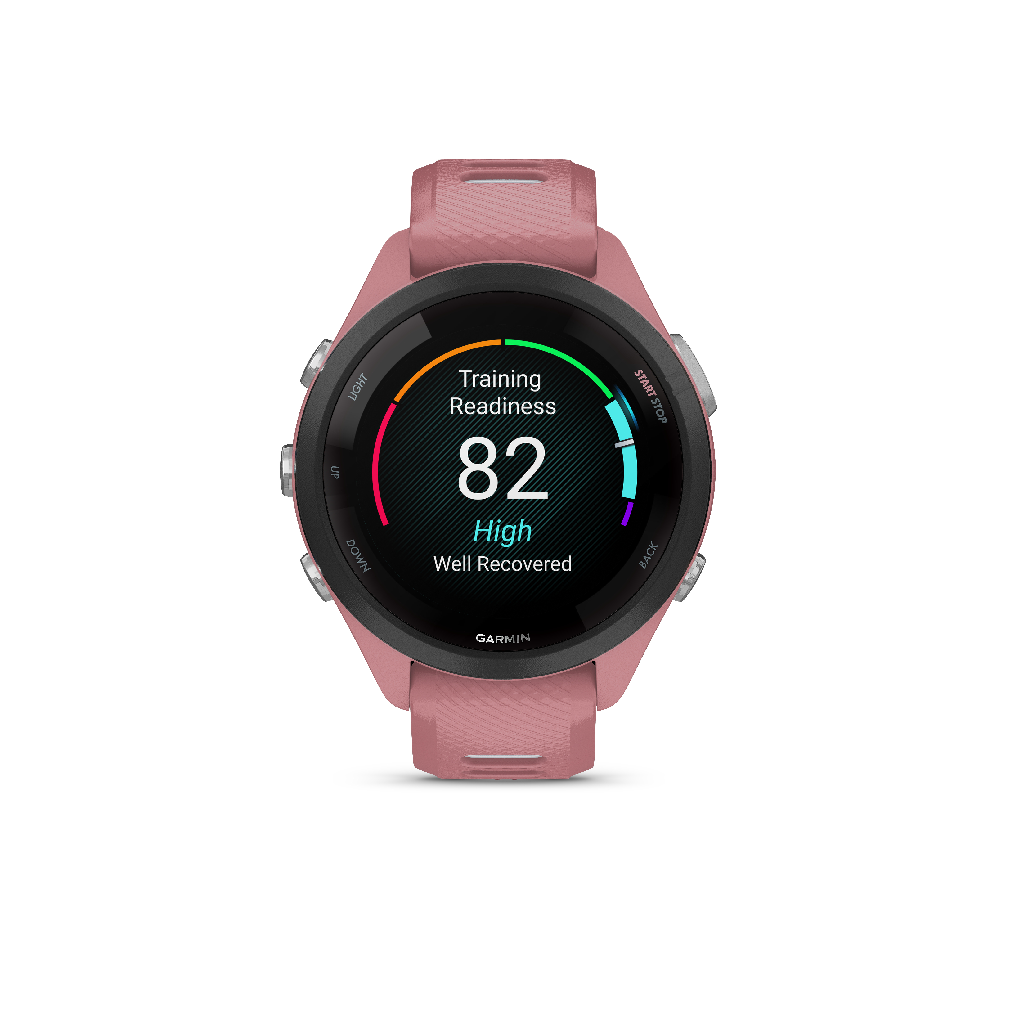 Eine rosafarbene Smartwatch mit einem Bildschirm, der „Training Readiness 82 High Well Recovered“ anzeigt.