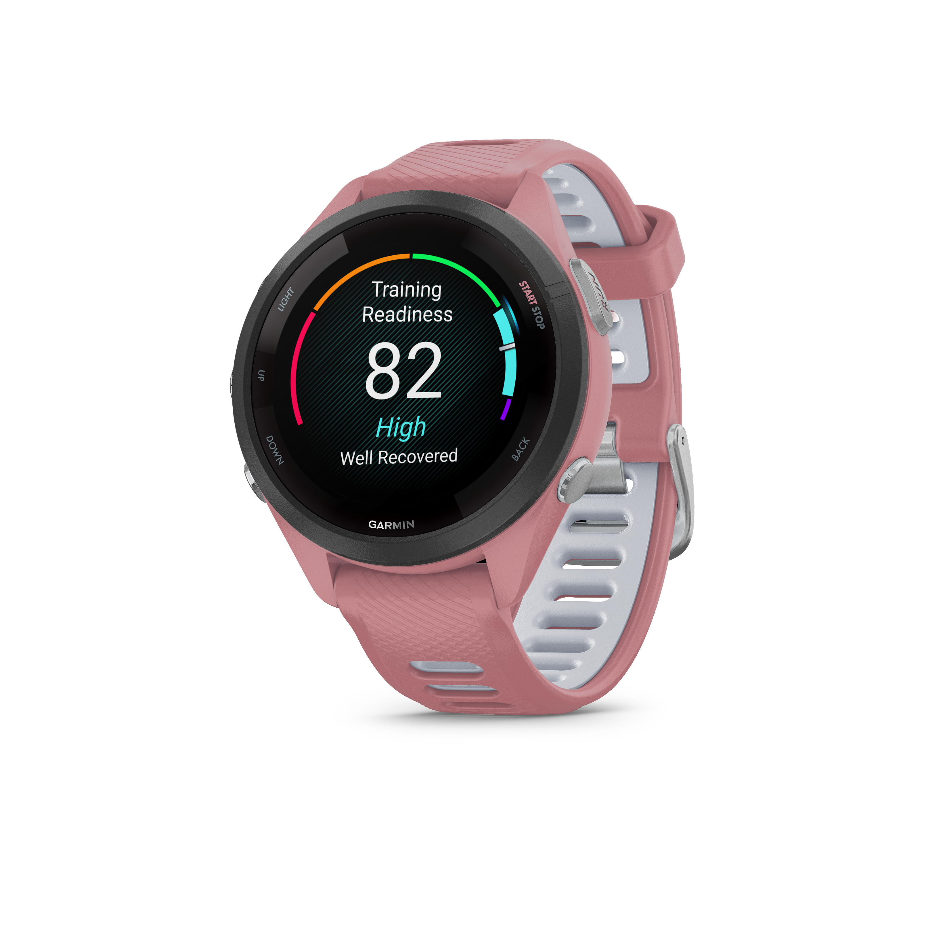 Eine rosafarbene Garmin-Smartwatch mit detailliertem Display zeigt Trainingsbereitschaft 82.