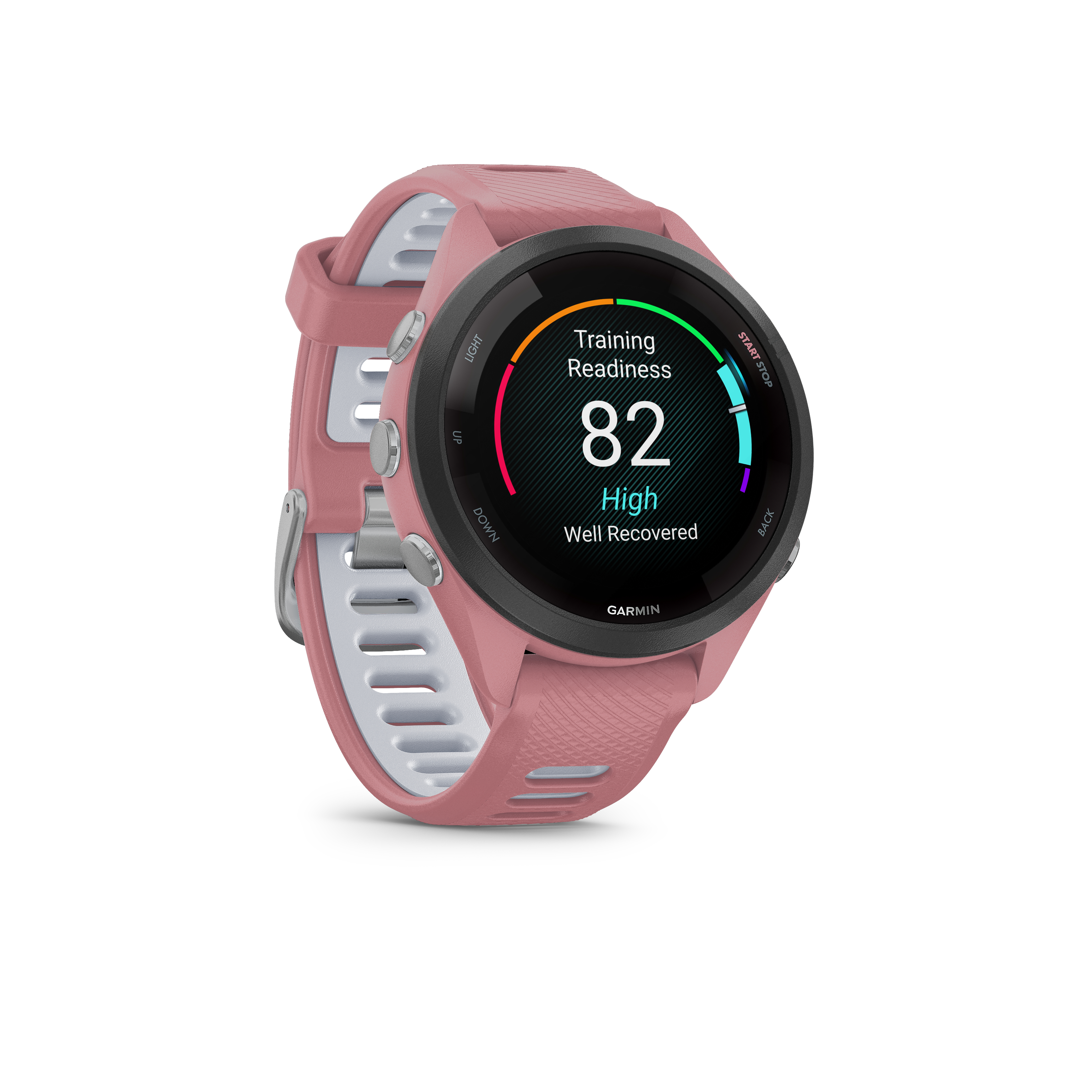 Eine rosafarbene Garmin-Smartwatch mit Trainingsbereitschaftsanzeige 82, 