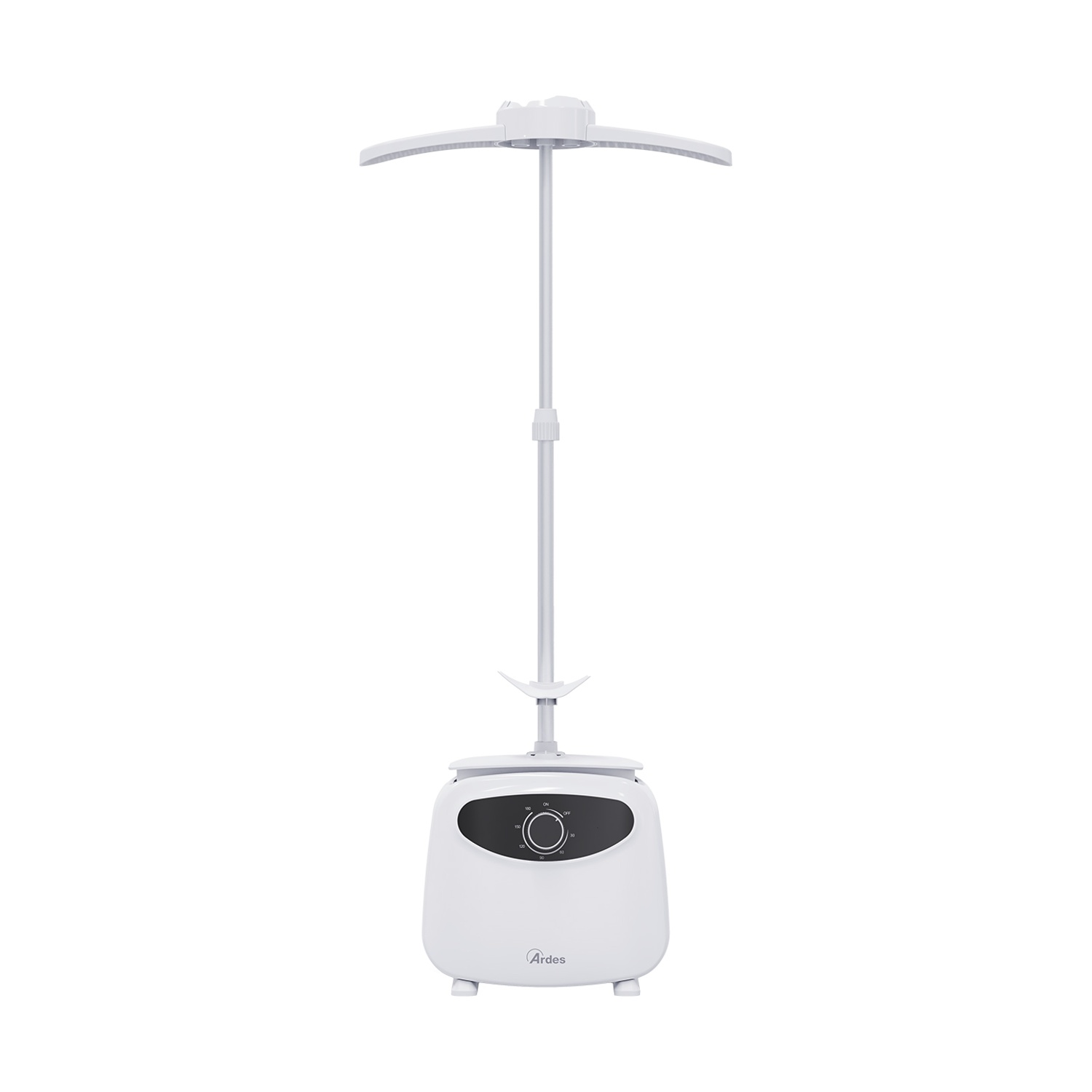 Un vaporizzatore per abiti bianco con supporto regolabile e pannello di controllo.