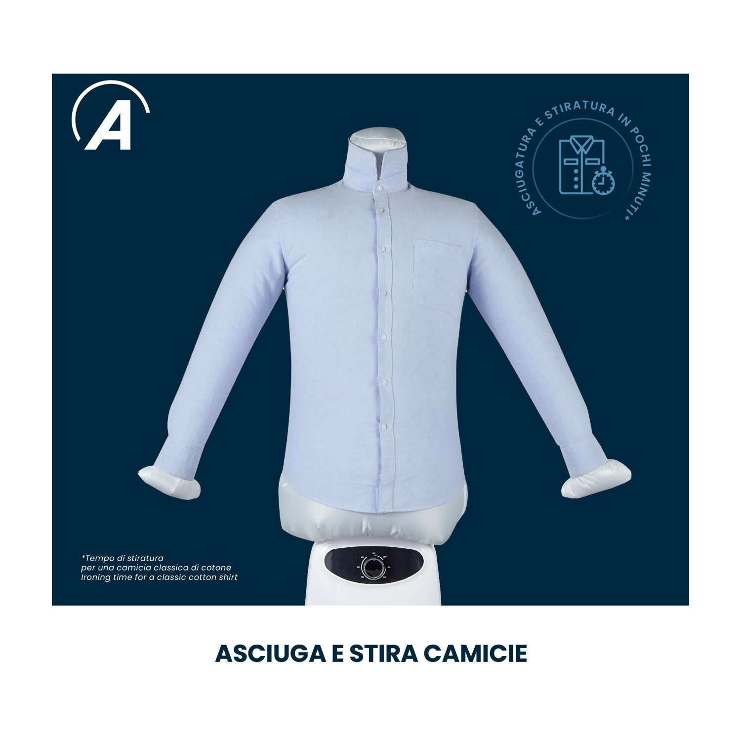 Una camicia azzurra viene asciugata e stirata su una macchina per stirare automatica.