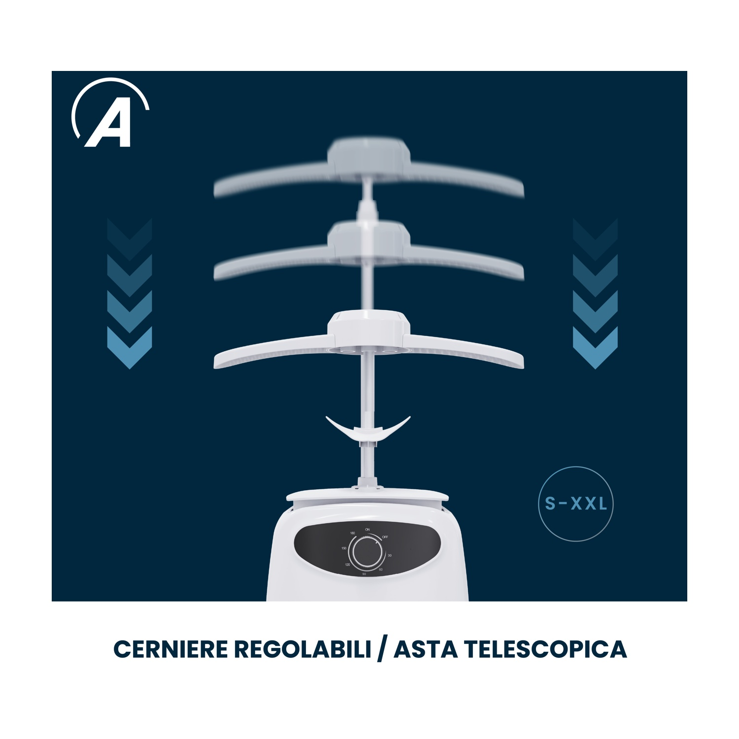 Un'asciugatrice bianca da terra con bracci regolabili e asta telescopica.