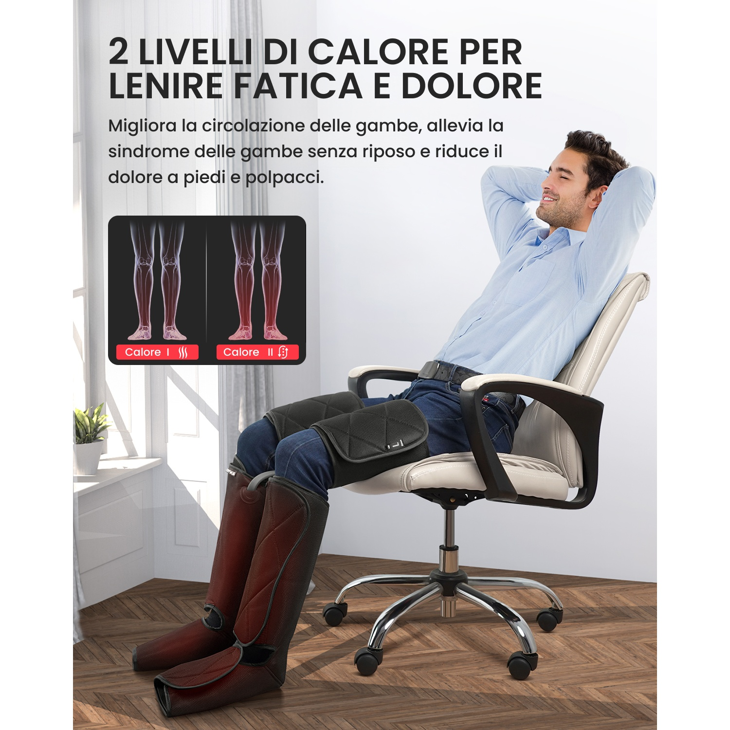 Uomo seduto su una sedia con massaggiatori per gambe che forniscono calore.