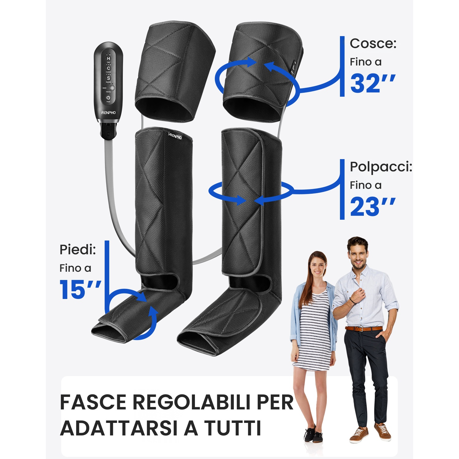 Massaggiatori gambe con controller e guide taglie per cosce, polpacci e piedi.