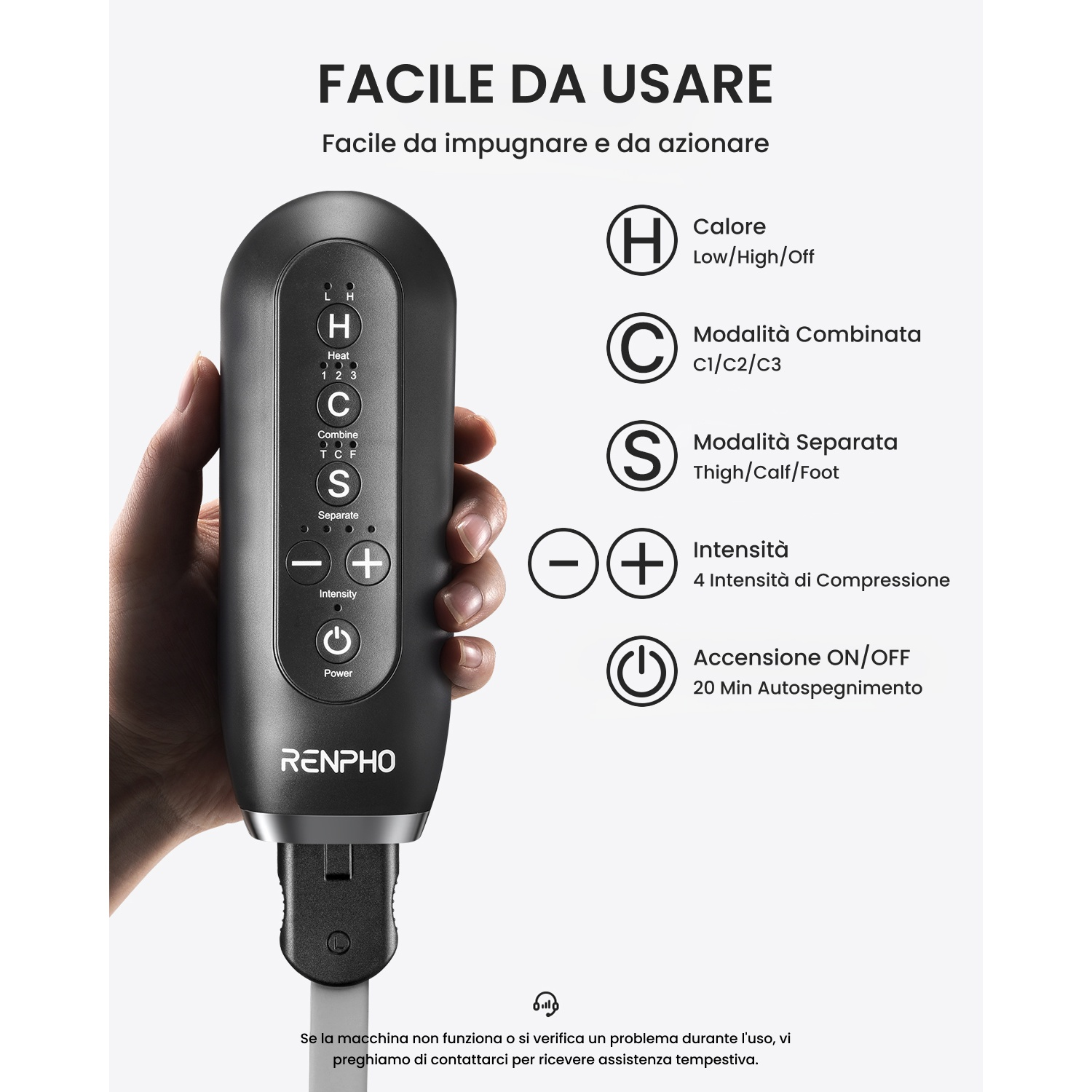 Un controller Renpho nero con pulsanti e icone per impostazioni di calore, combinazione e intensità.