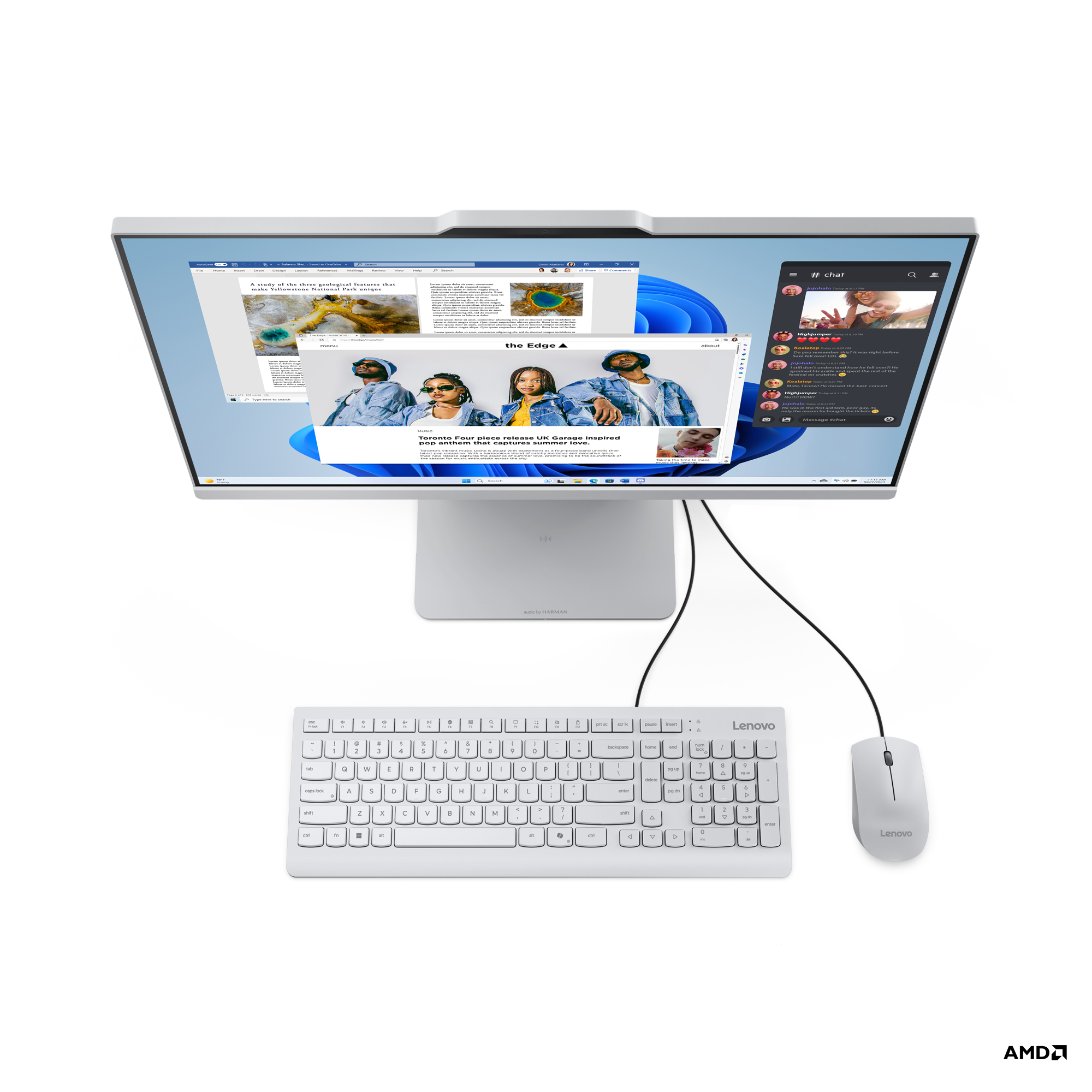 Klavye ve fareli Lenovo monitör, çeşitli açık pencereler gösteriyor.