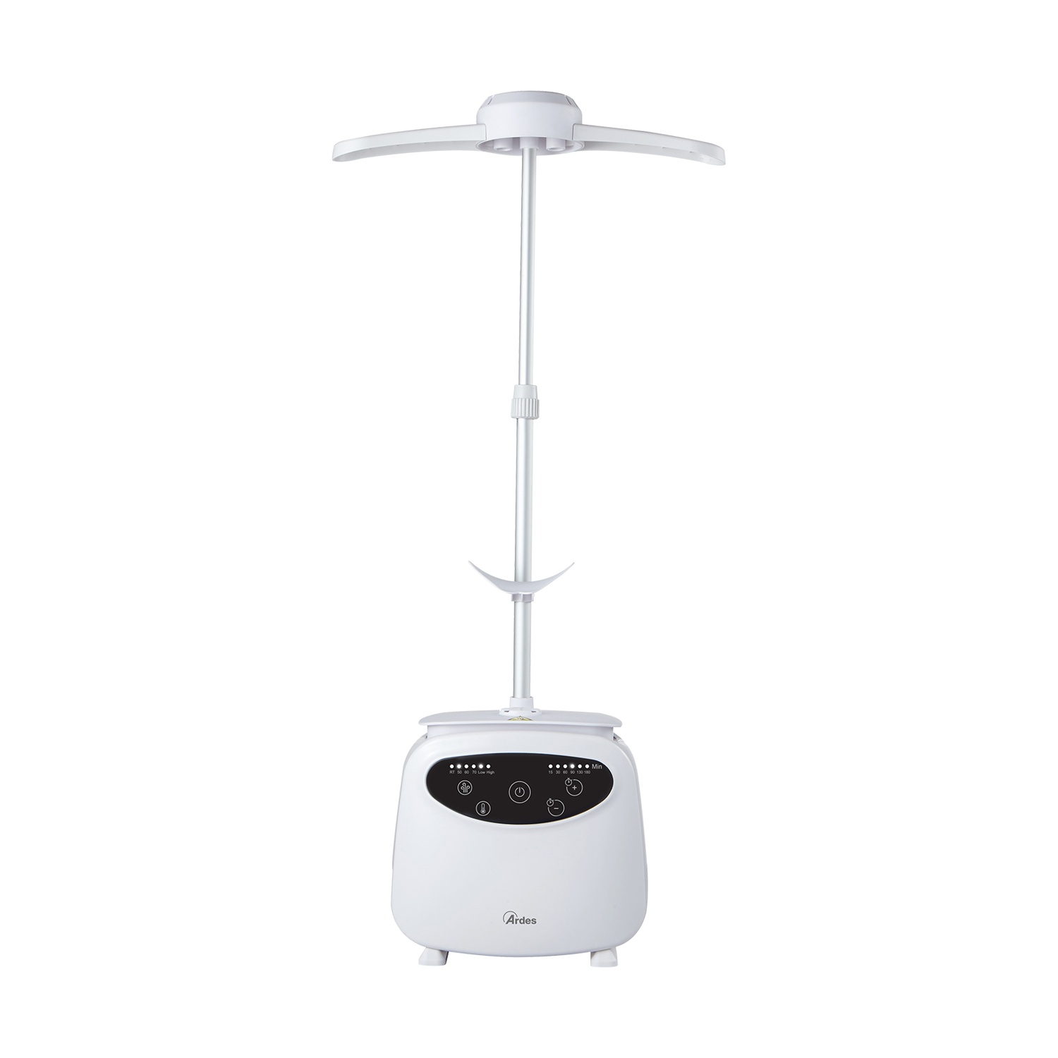 Un vaporizzatore per abiti bianco con asta estensibile e pannello di controllo.