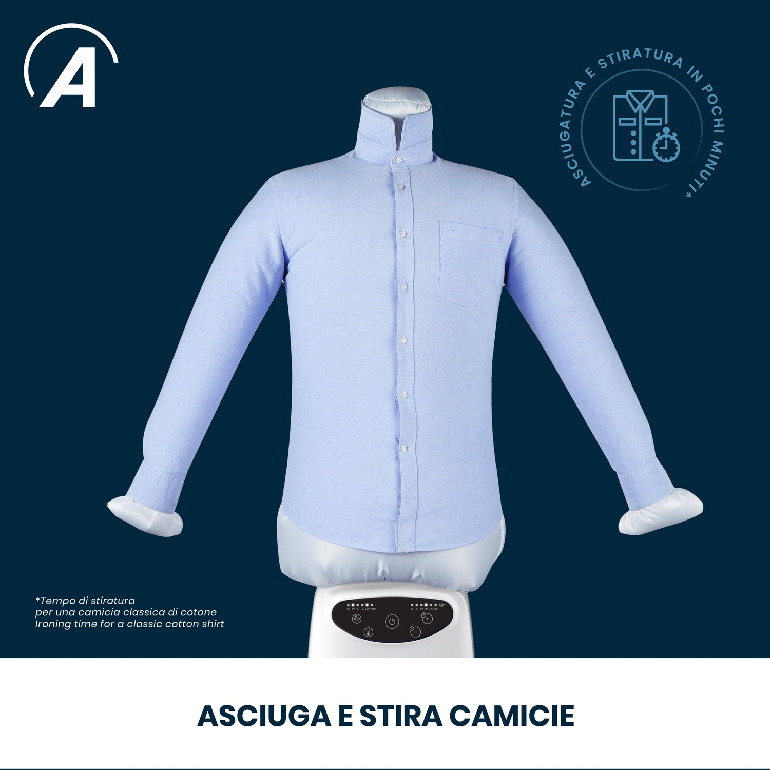 Una camicia azzurra su una macchina automatica per stirare.