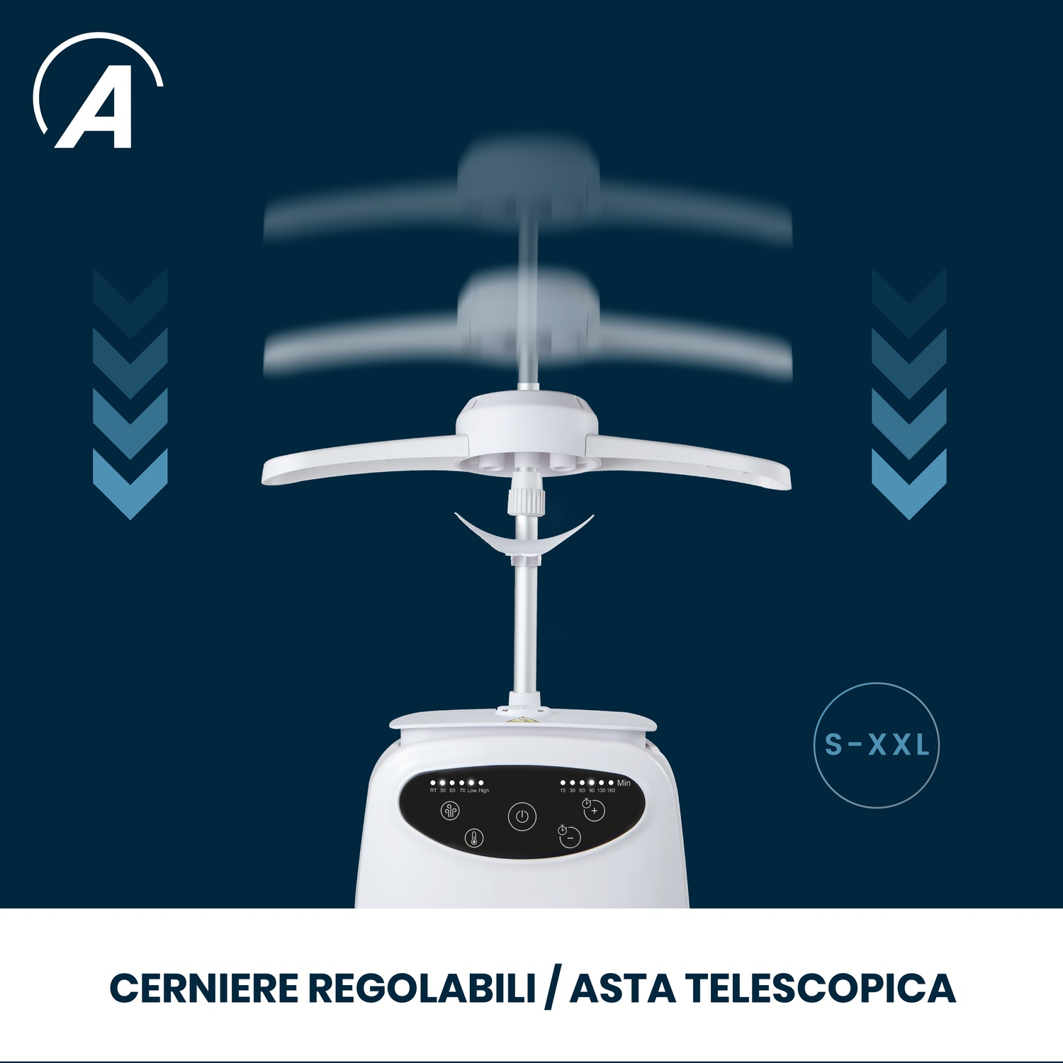 Asta telescopica regolabile bianca per appendiabiti su sfondo blu.