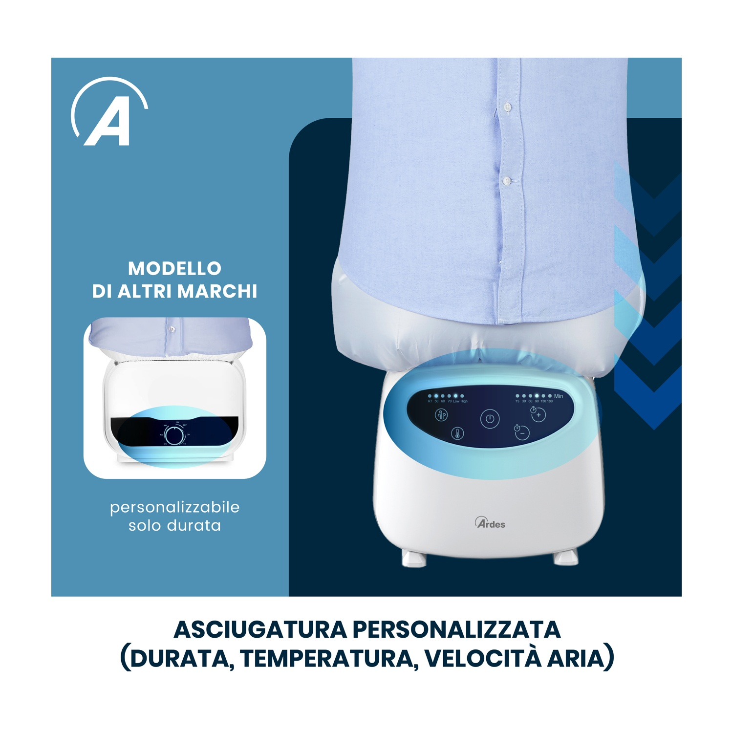 Una camicia su un'asciugatrice bianca con pannello blu e logo Ardes.