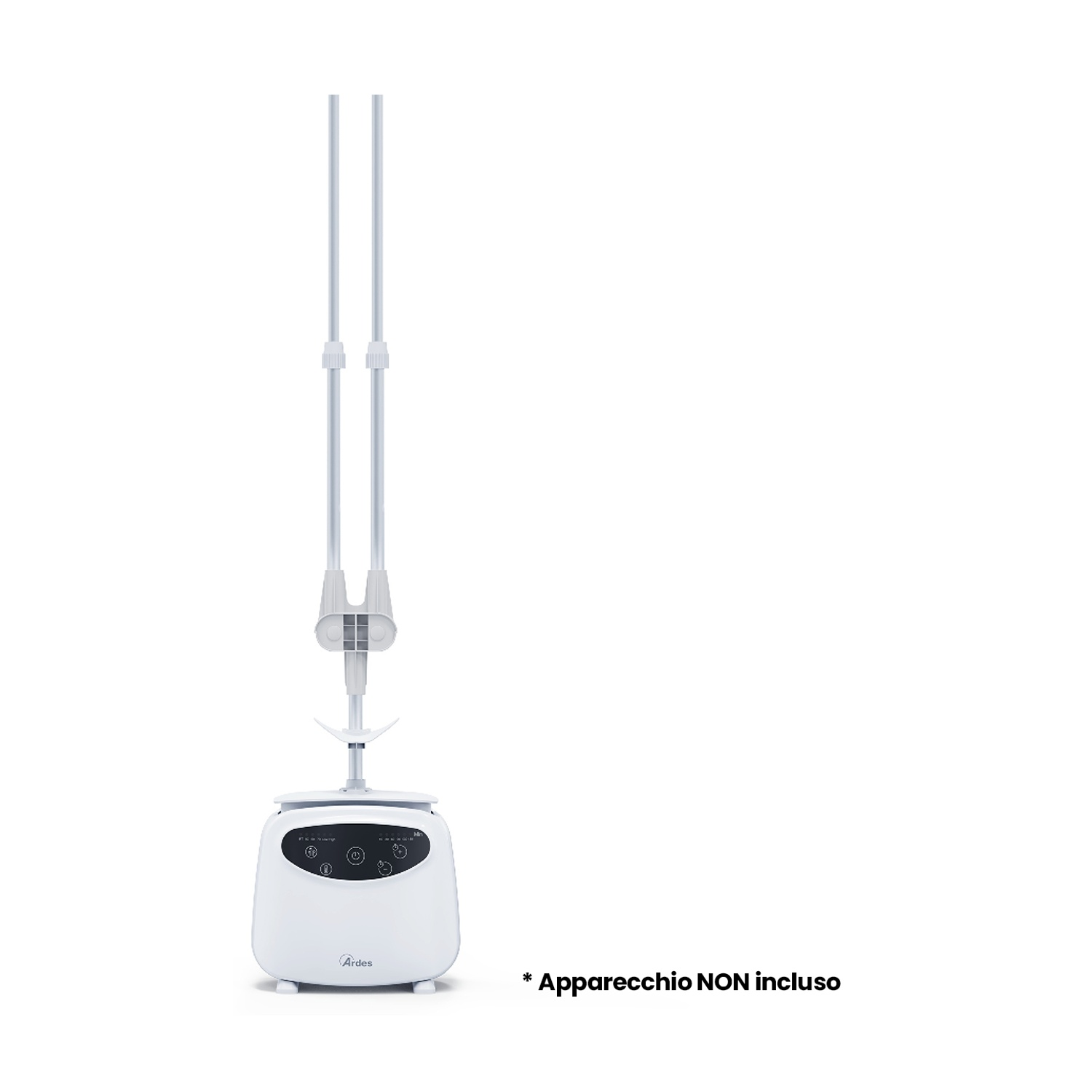 Vaporizzatore bianco per abiti con due aste su sfondo bianco.