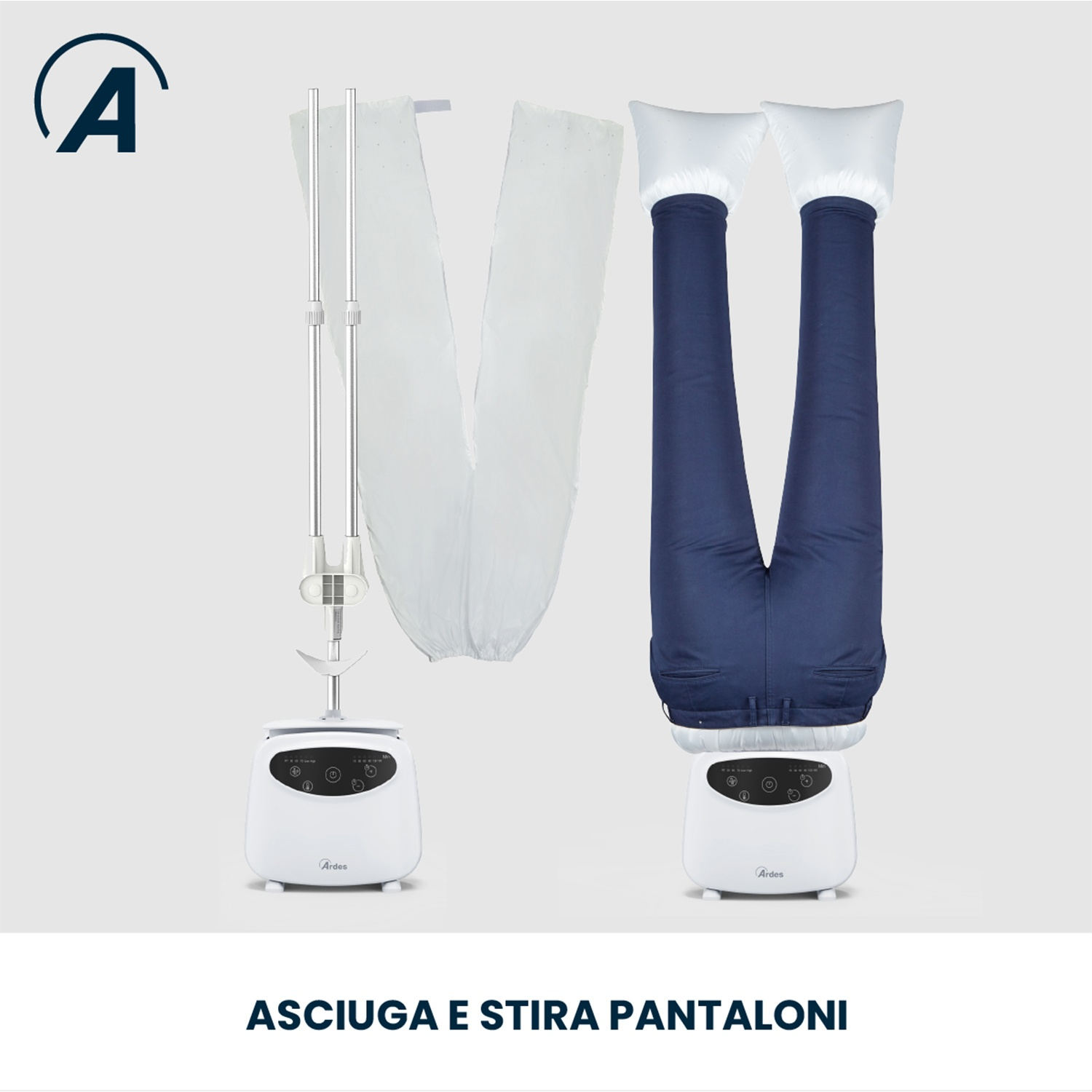 Un paio di pantaloni blu appeso a testa in giù su uno stendibiancheria gonfiabile.