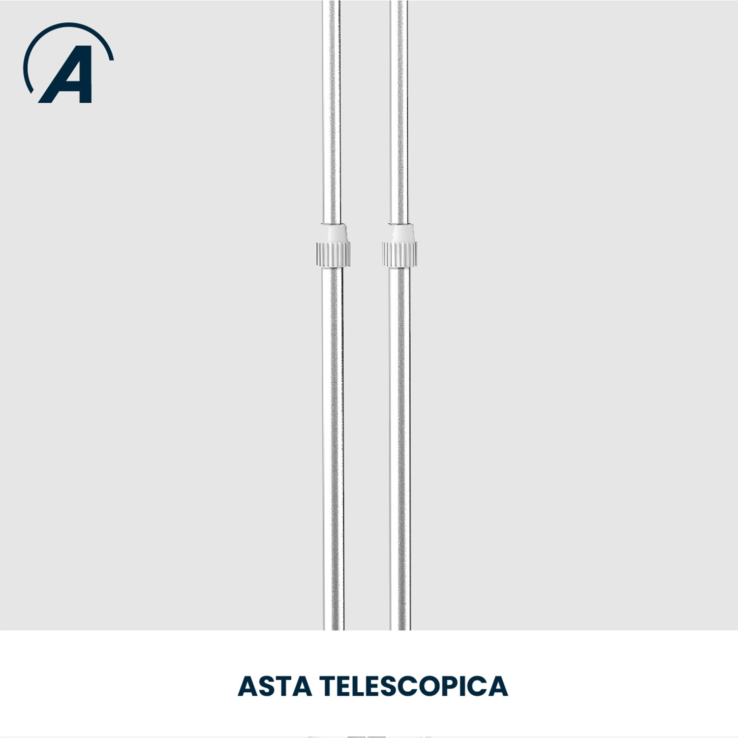 Manico telescopico argentato con dettaglio impugnatura bianca, logo a sinistra.