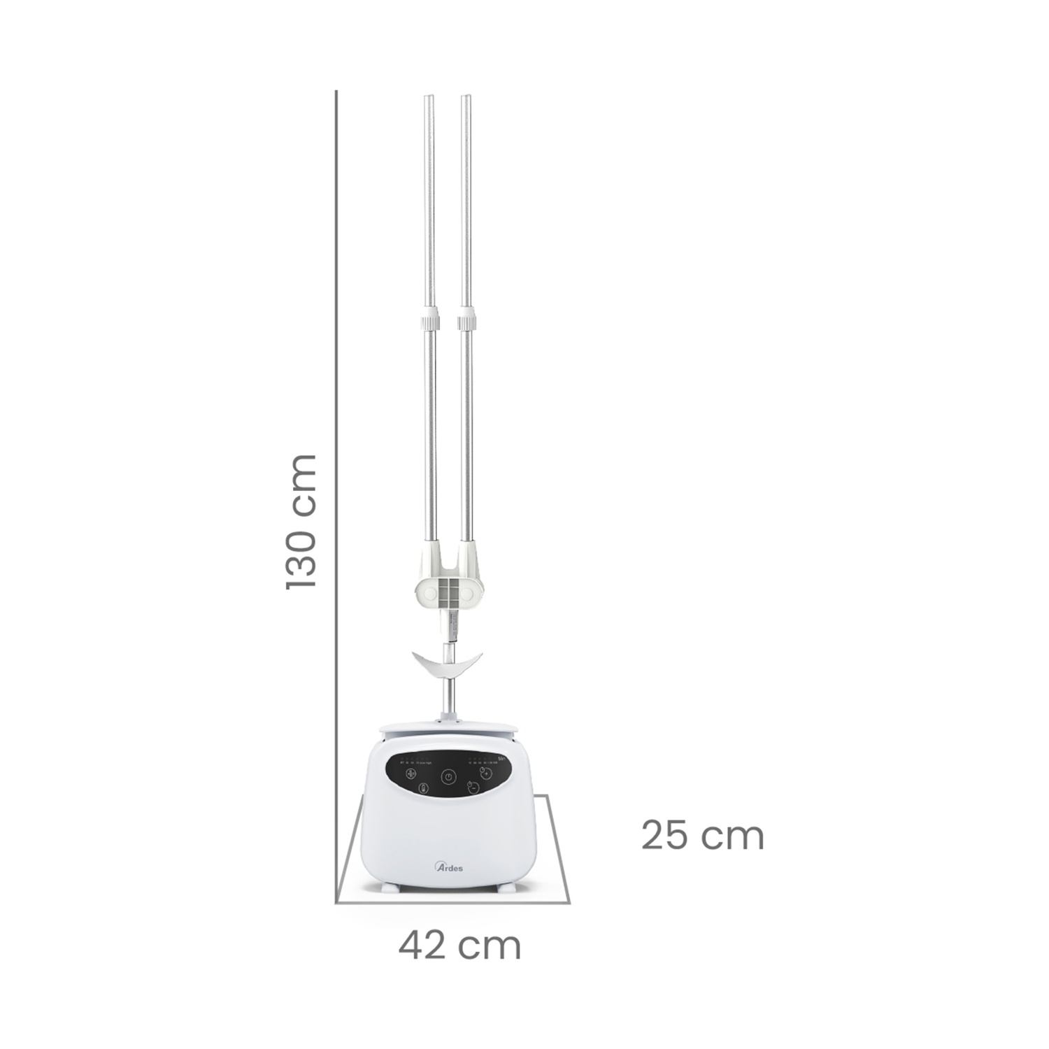 Vaporizzatore bianco con pannello di controllo, aste telescopiche e dimensioni.