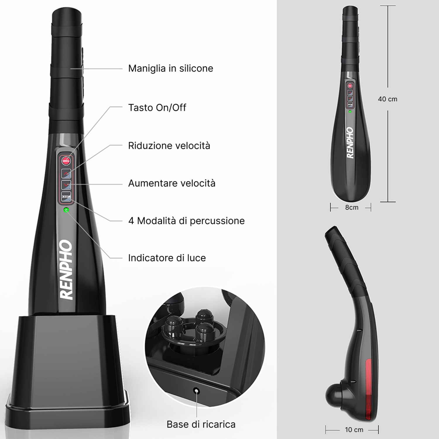Pistola massaggiante nera con impugnatura in silicone, base di ricarica e misure.
