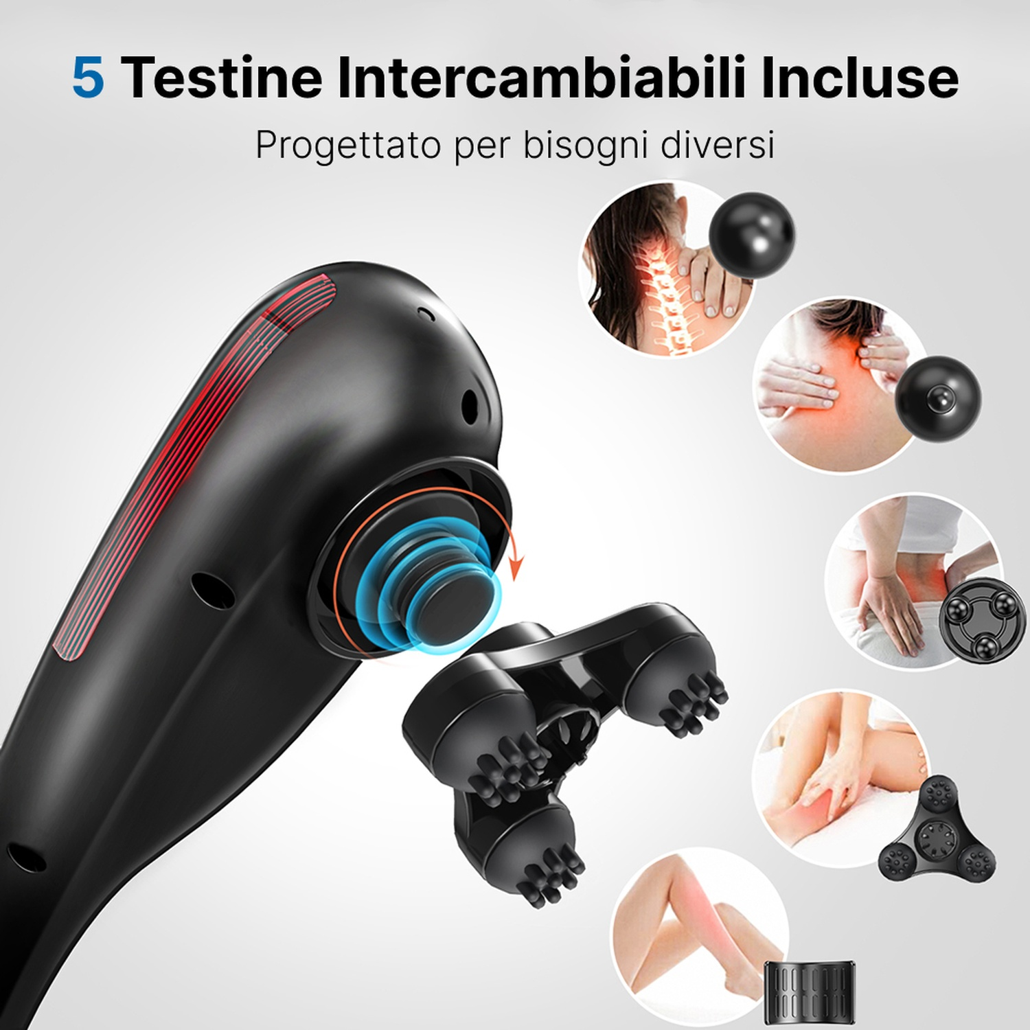 Dispositivo massaggiante con 5 testine per alleviare dolori a collo, schiena, gambe e spalle.