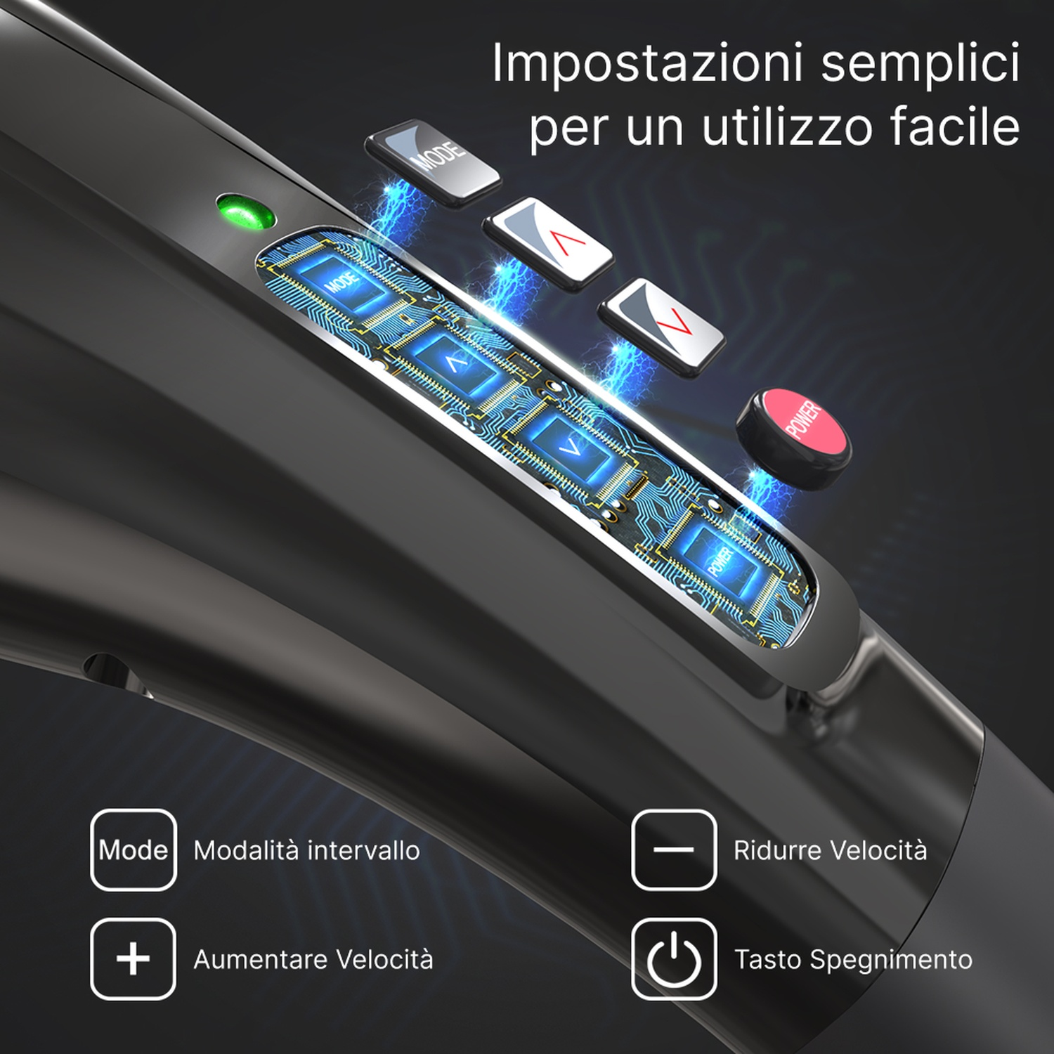 Primo piano dei controlli di un dispositivo nero con luci e icone blu.