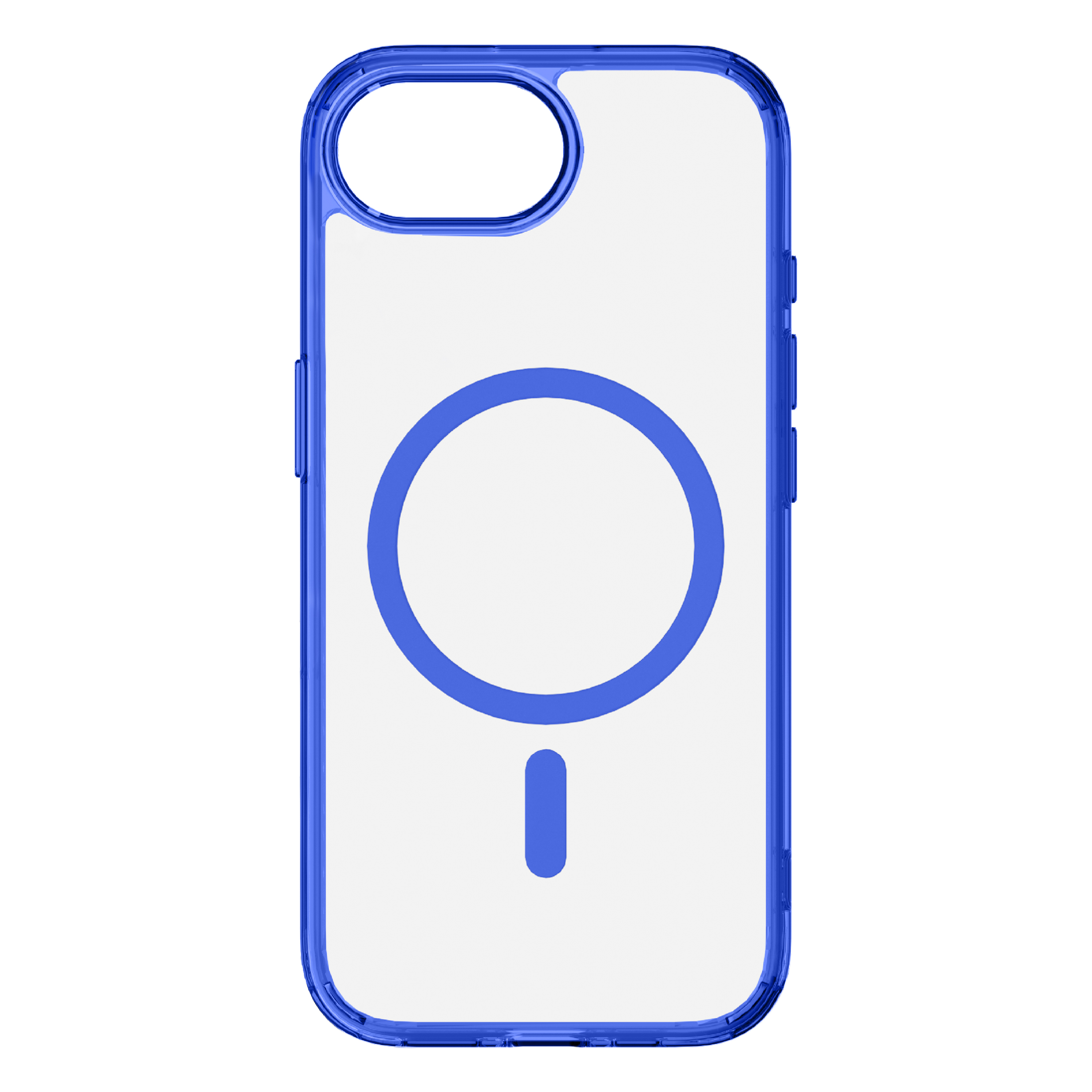 Funda transparente con borde azul y círculo MagSafe.