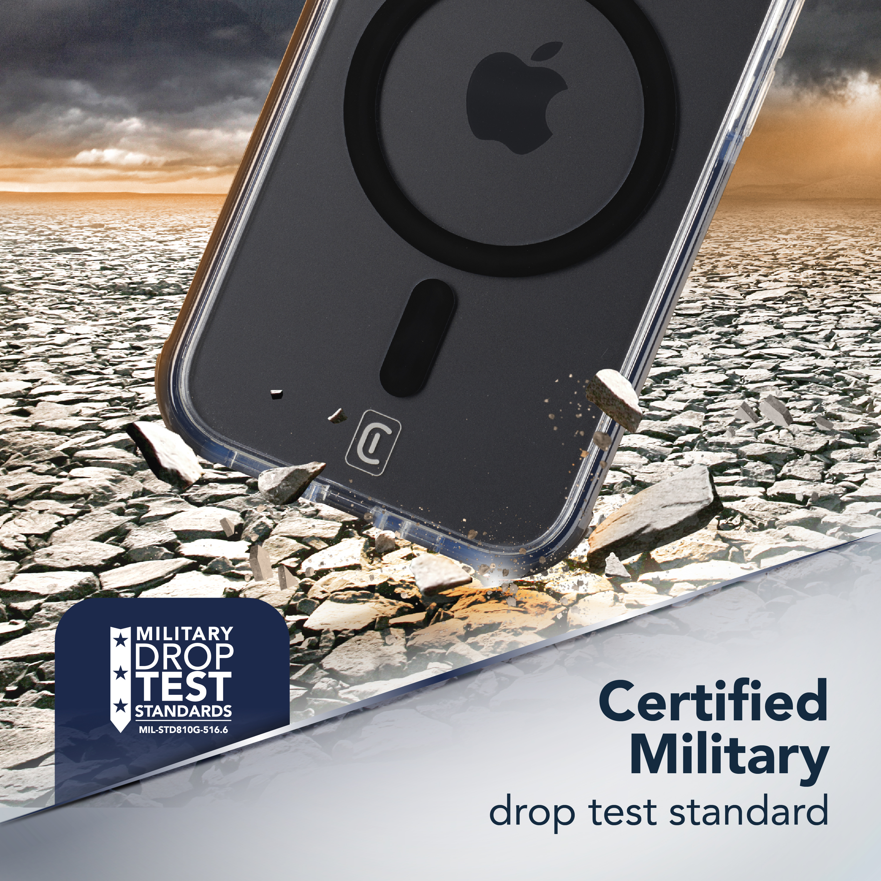 Funda transparente para iPhone con anillo MagSafe cayendo sobre suelo agrietado y texto “Certified Military drop test standard”.