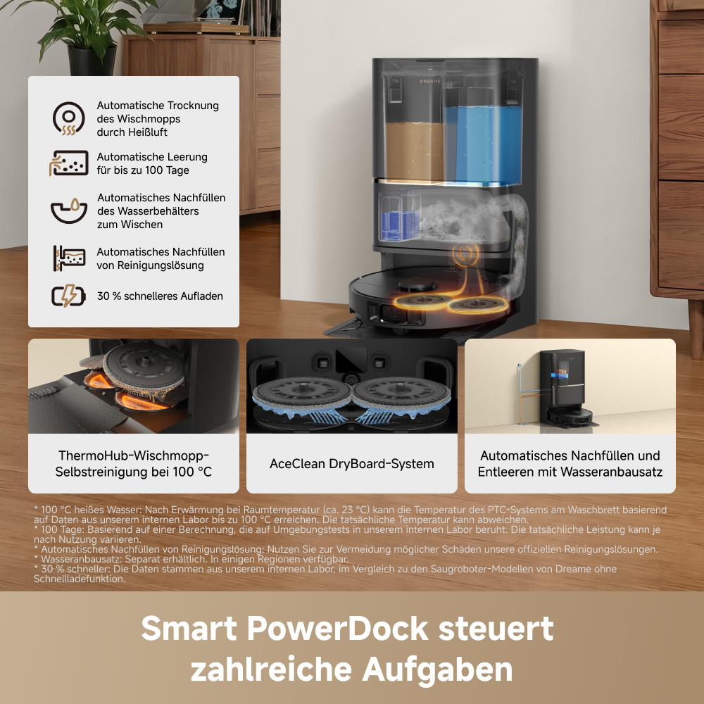 Ein Saugroboter-Dock mit automatischen Funktionen wie Trocknung, Leerung und Nachfüllen.