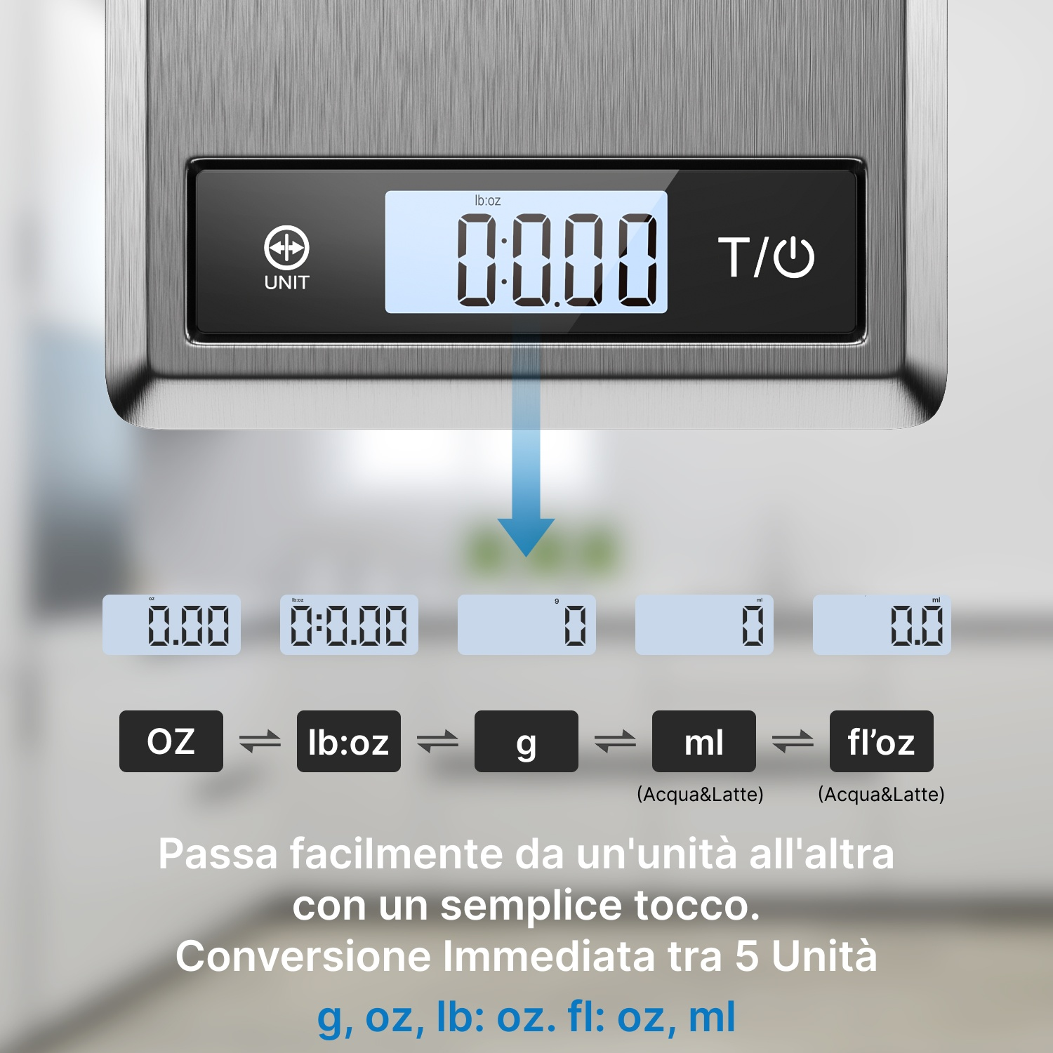 Bilancia digitale che mostra le unità OZ, lb:oz, g, ml, fl'oz. Conversione facile.