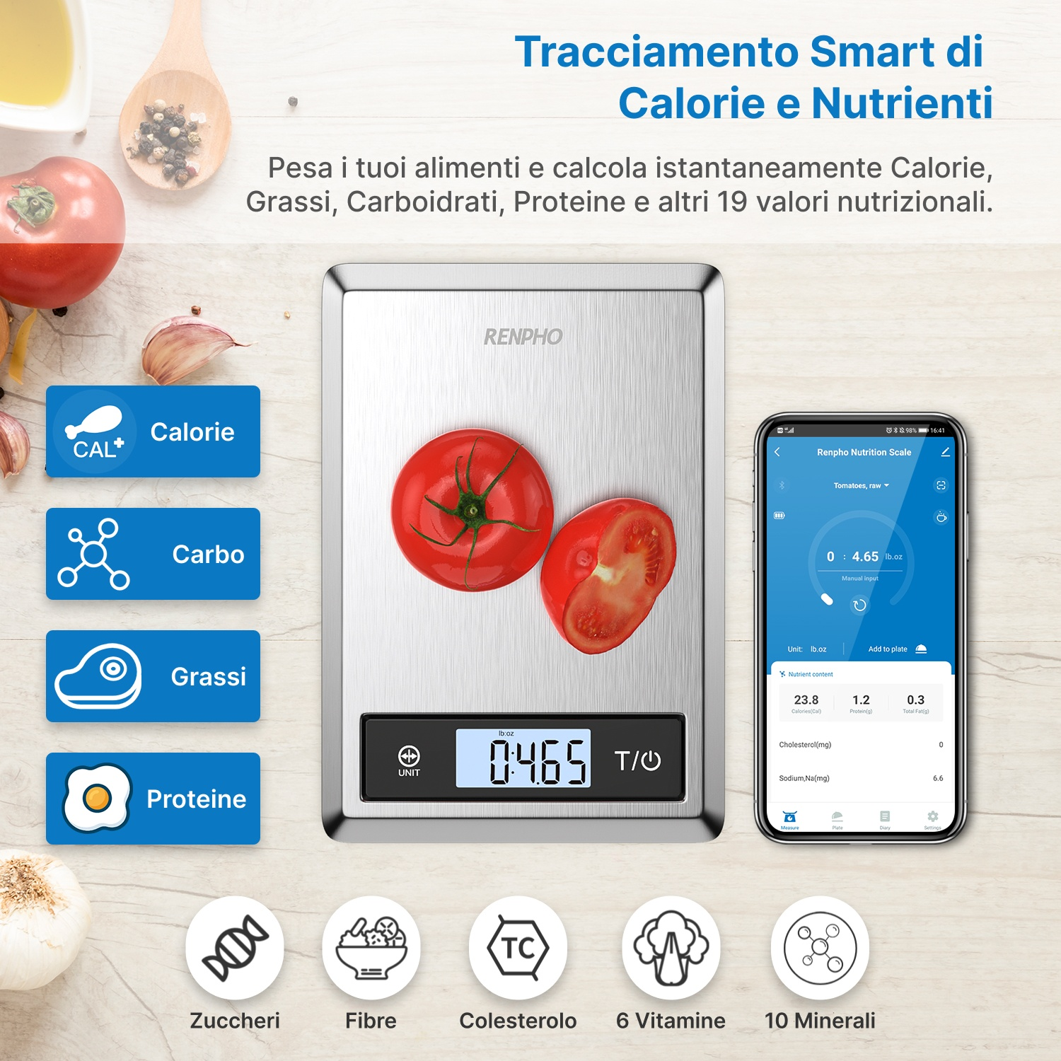 Bilancia da cucina digitale con pomodori, aglio e app per smartphone che mostra i dati nutrizionali.