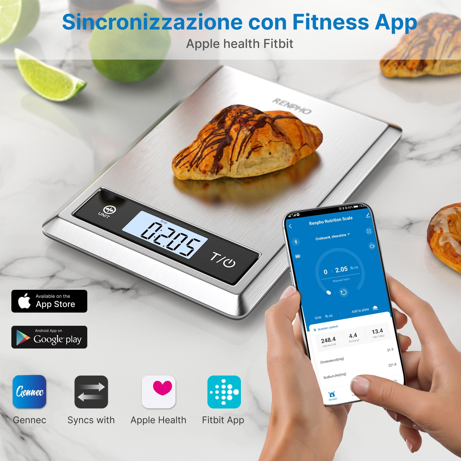 Bilancia da cucina digitale con display app che mostra i dati nutrizionali.