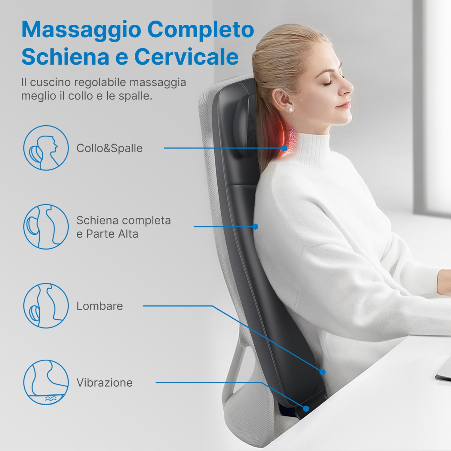 Donna seduta su sedia da ufficio con funzioni massaggio collo e schiena.