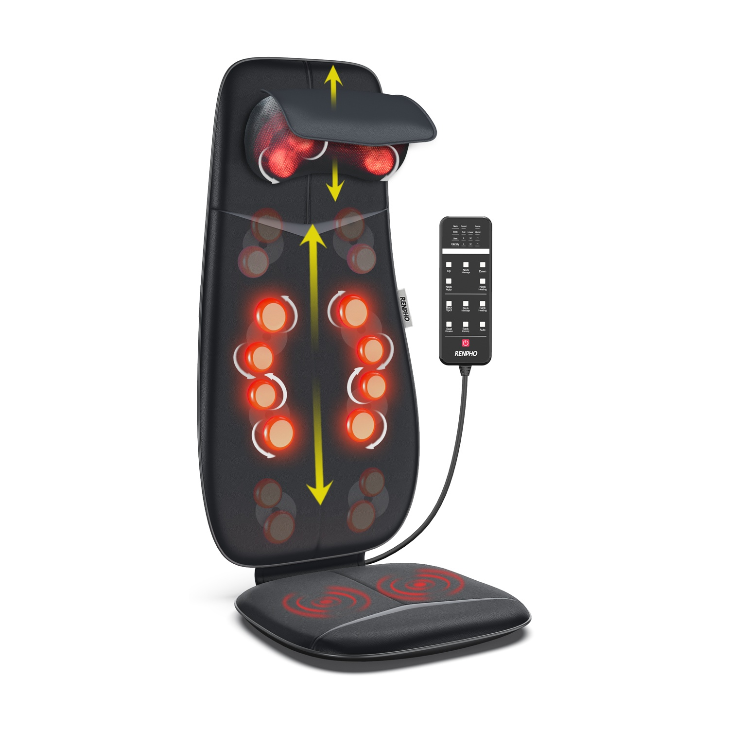 Sedile massaggiante shiatsu nero con telecomando, che mostra sfere rosse e calore.