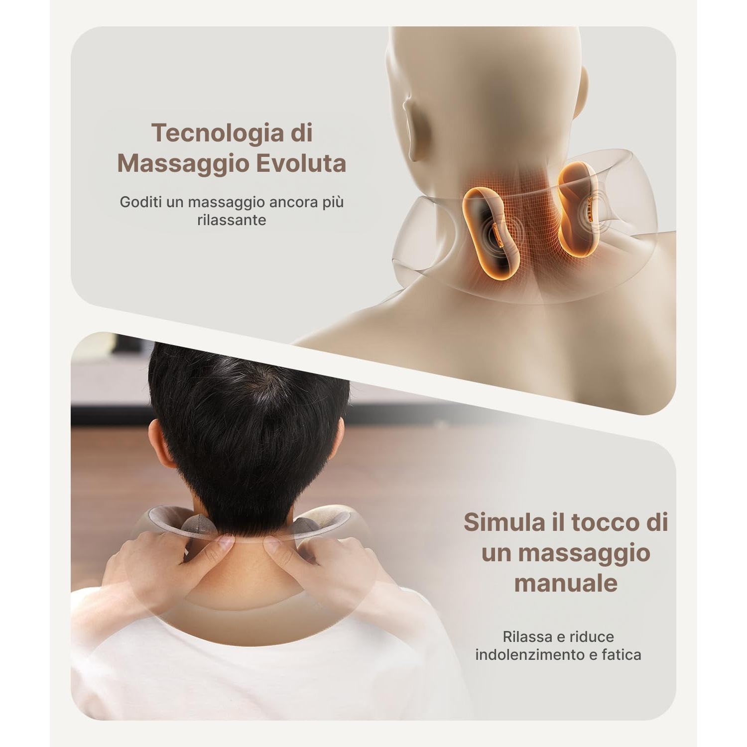 Massaggiatore per il collo con due moduli riscaldanti che massaggiano la colonna cervicale.