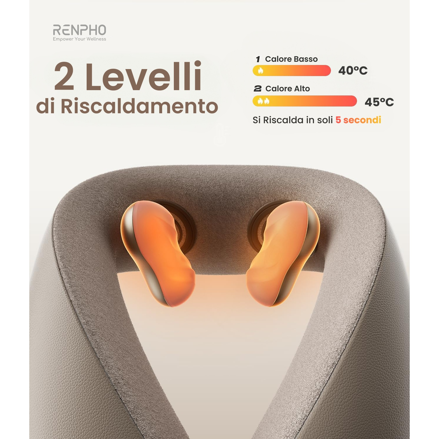 Massaggiatore per il collo con due livelli di calore: 40°C e 45°C.