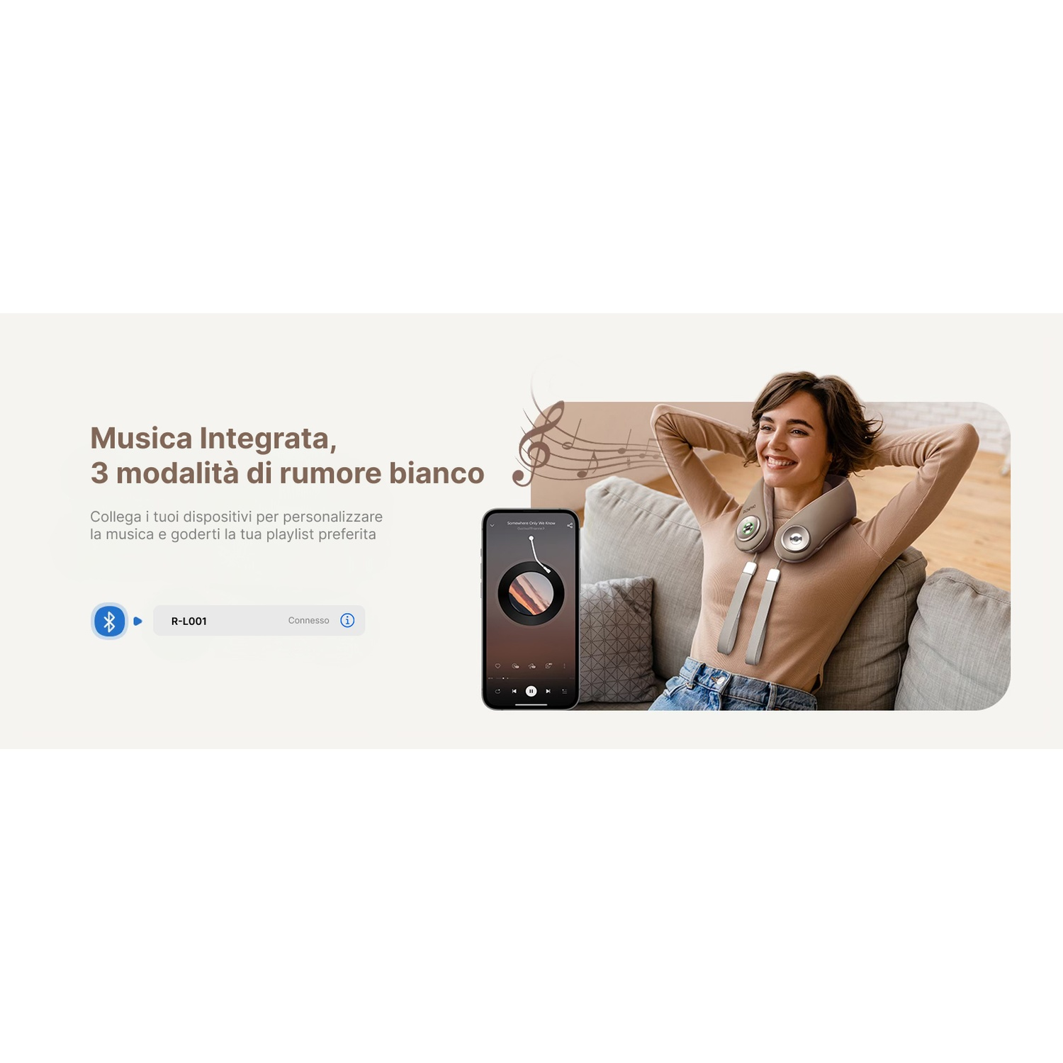 Donna con massaggiatore da collo, ascolta musica sul telefono. Musica integrata, 3 modalità rumore bianco.