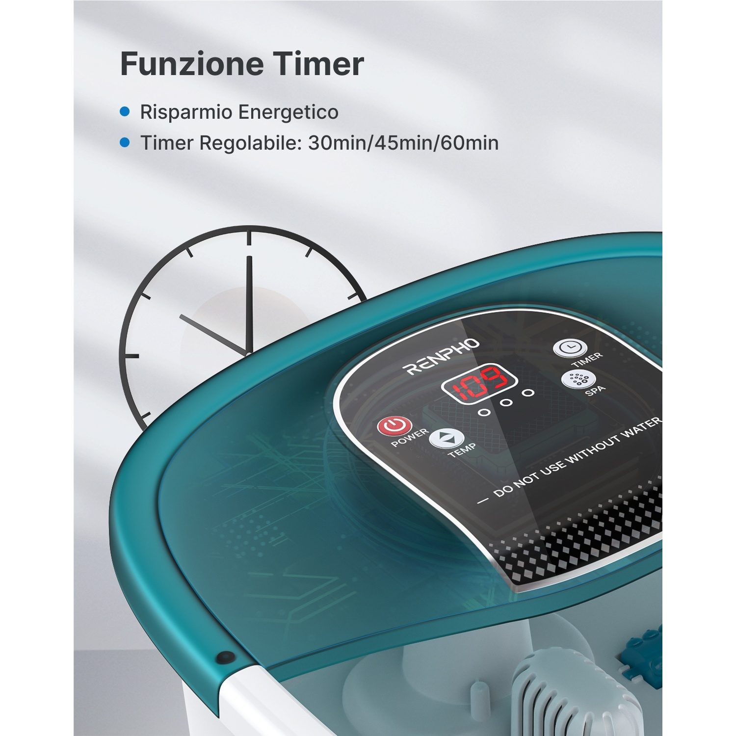 Un timer per pediluvio con display digitale e pulsanti.