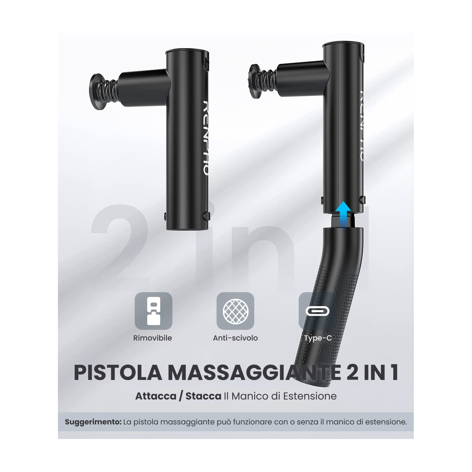Pistola massaggiante nera con manico rimovibile e porta Type-C.